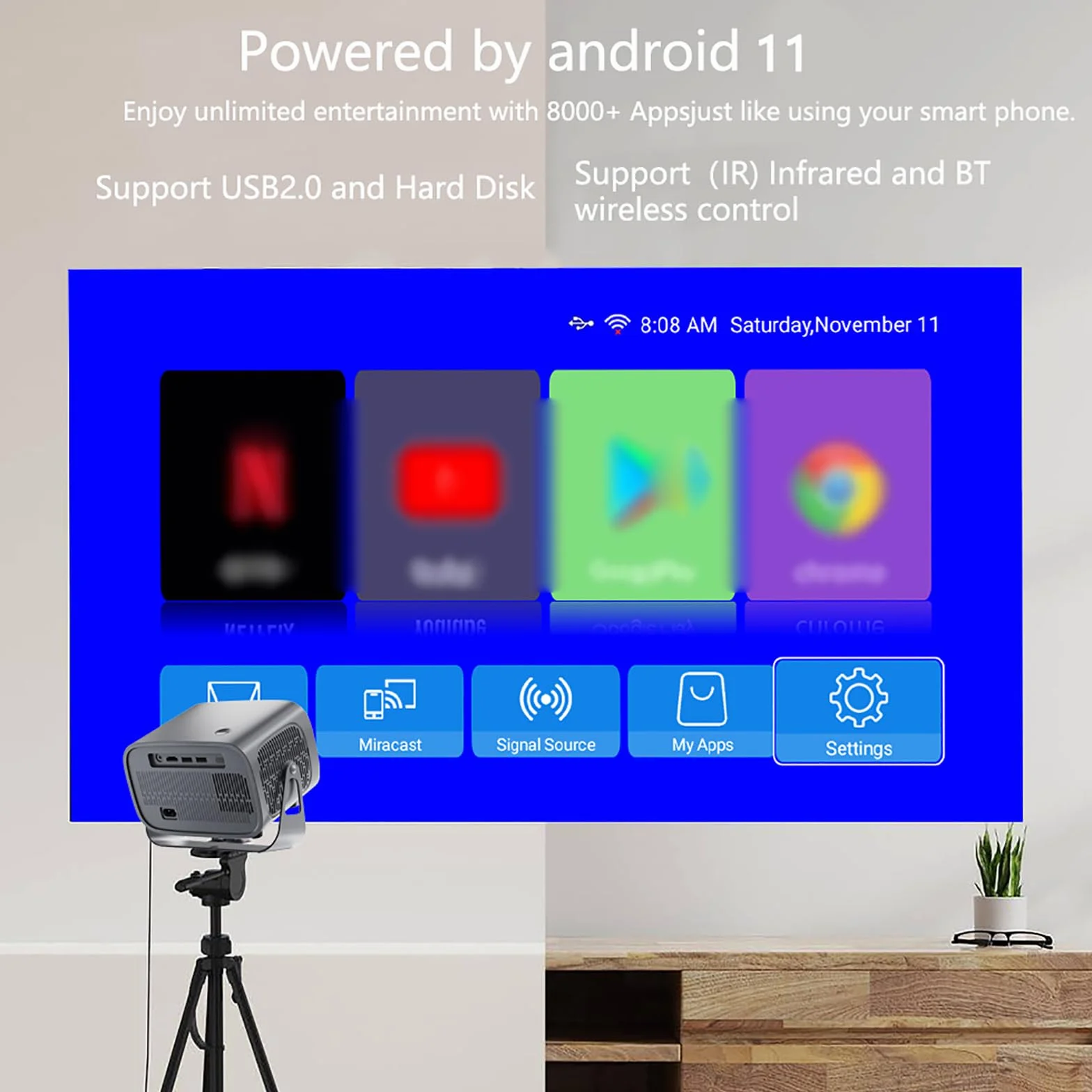 Projektor Bluetooth Wi-Fi 5G, Obsługa 4K, Podwójne Wi-Fi/bezprzewodowe Dublowanie/obrót O 360°, 4000 Lumenów (150ANSI) Pionowa Korekcja Trapezowa ±30°, Wbudowany Głośnik 5W,Metallic