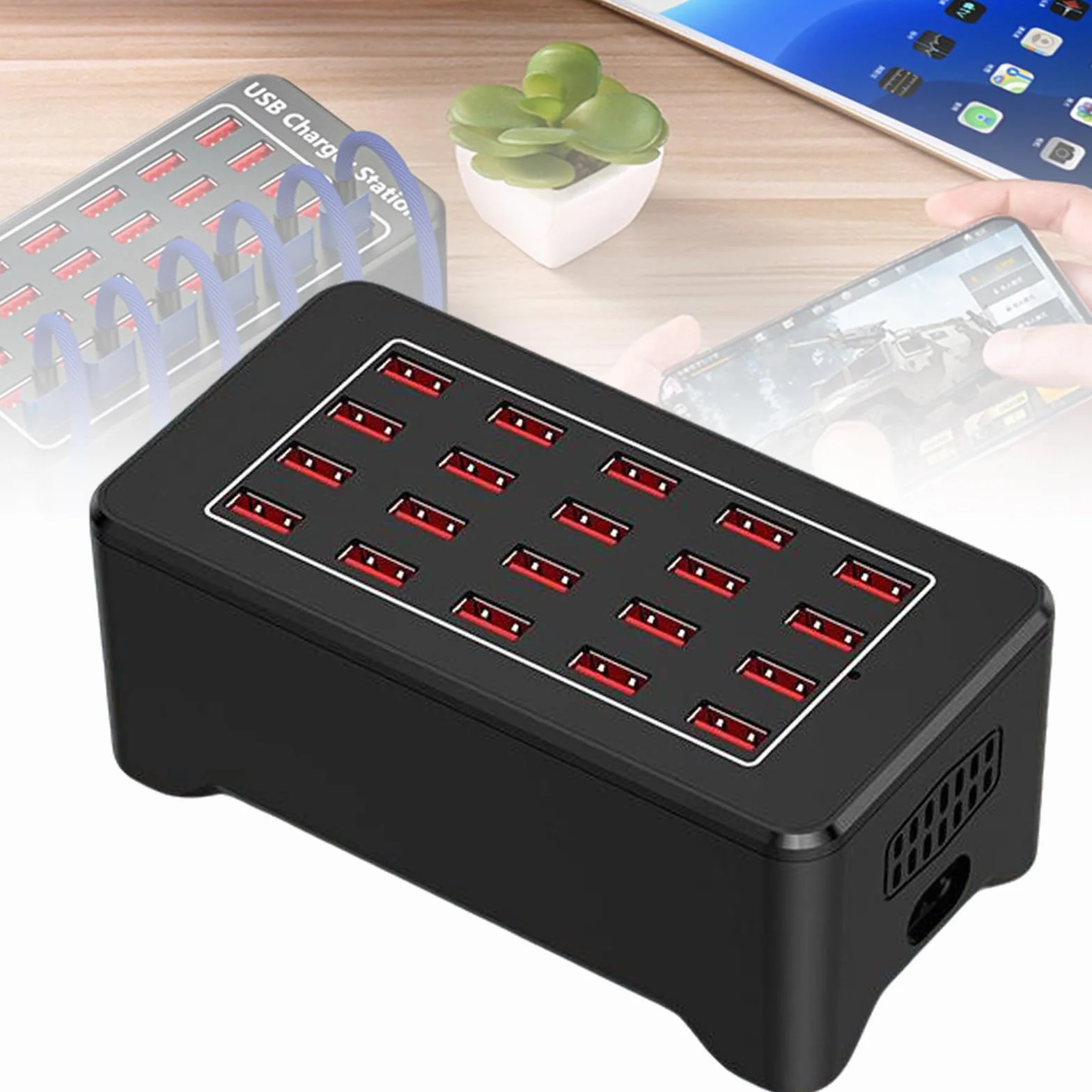 Stacja ładująca dla wielu urządzeń. Szybkie ładowanie 2,5 godziny. Inteligentne chłodzenie. Łatwe przenoszenie. Ładowanie kompatybilne ze wszystkimi USB 20-Port-100W
