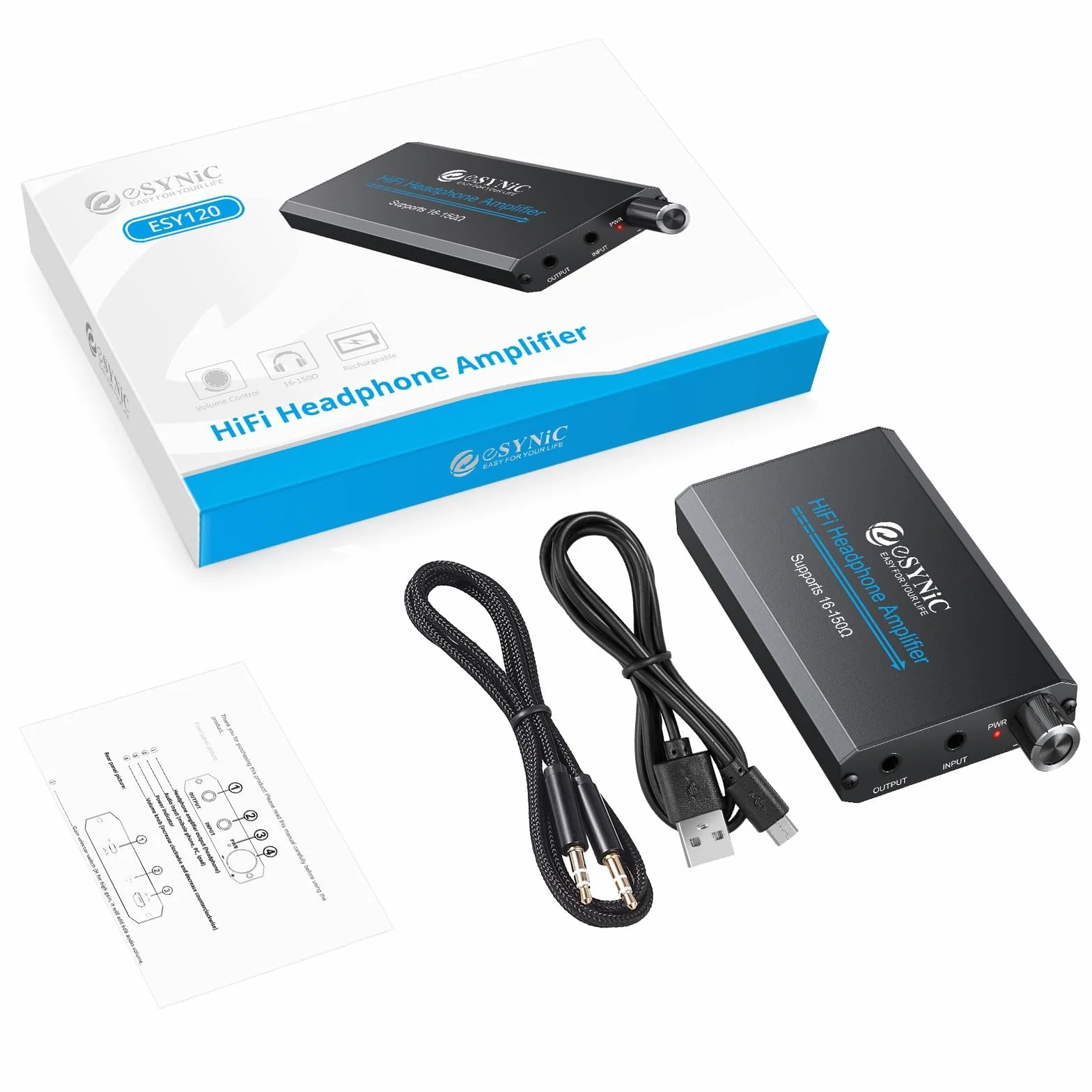 eSynic Przenośny wzmacniacz słuchawkowy, akumulator audio, cyfrowy wzmacniacz słuchawkowy HiFi, 3,5 mm, z dwustopniowym przełącznikiem wzmocnienia, kablem USB i aluminiową matową powierzchnią do