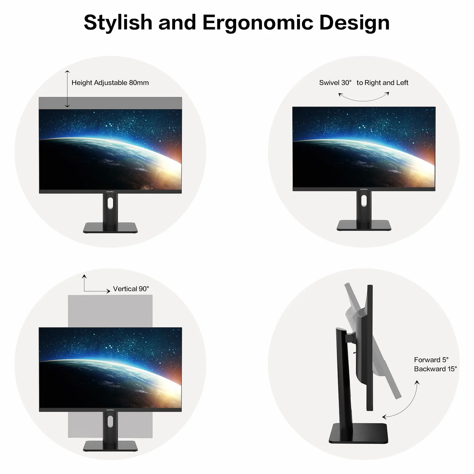 KOORUI Monitor QHD 27 cali, wyświetlacz IPS, 99% Adobe RGB, z regulacją wysokości, 2560 x 1440 pikseli, 60 Hz, 5 ms, USB typu C (65 W), DisplayPort 1.2, HDMI 1.4, czarny