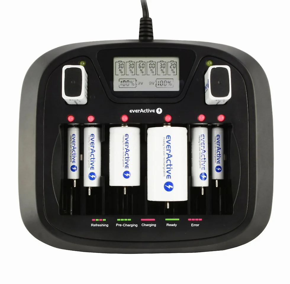 everActive Ładowarka do 8 akumulatorów AAA AA C D 9 V, uniwersalna i szybka, w pełni automatyczna, LCD ze wskaźnikiem poziomu baterii, model: NC-900U