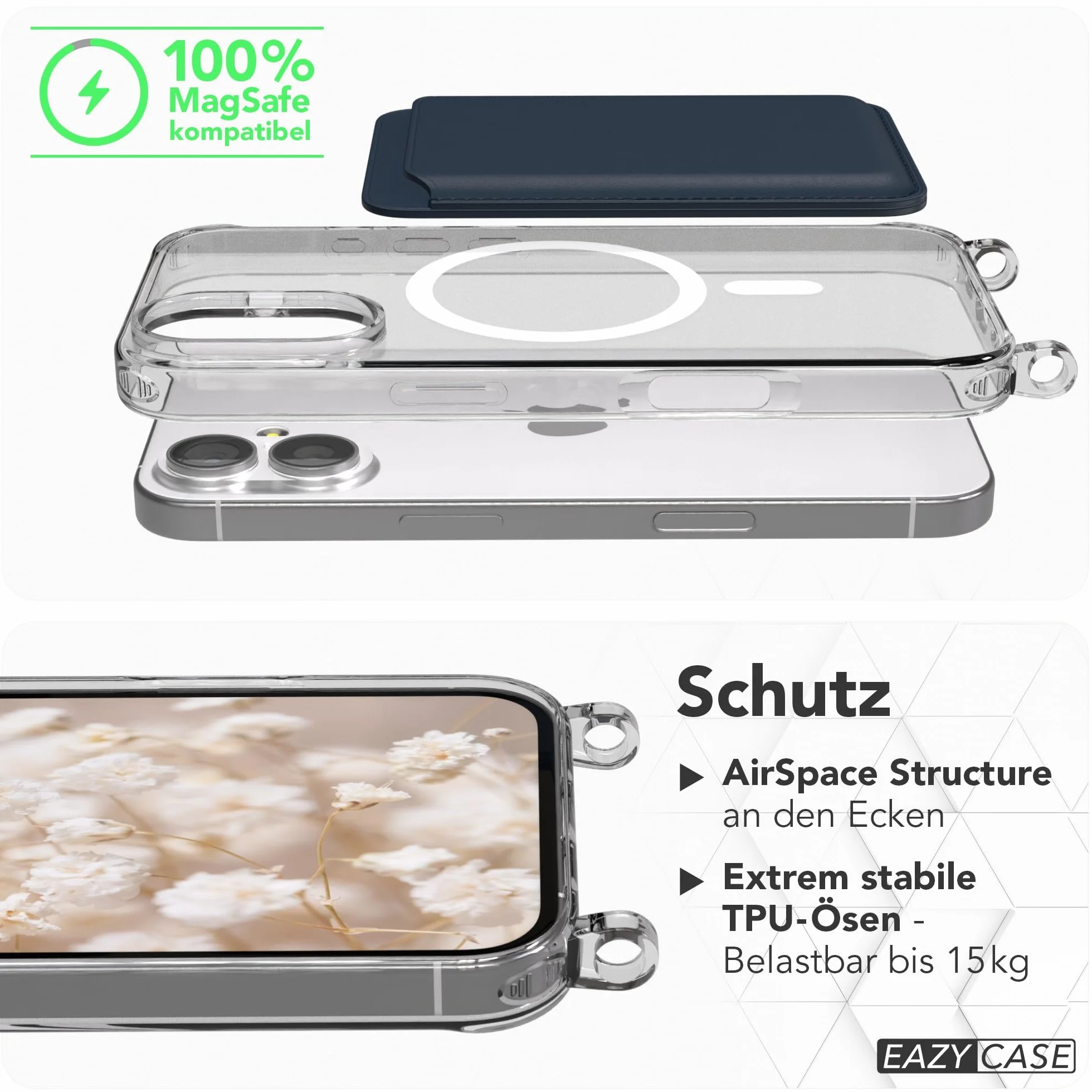 EAZY CASE Łańcuszek na telefon komórkowy – regulowany pasek do torebki kompatybilny z iPhone 17, pasek na ramię, sznurek do telefonu komórkowego z silikonowym etui, kompatybilny z Qi Charging, torba