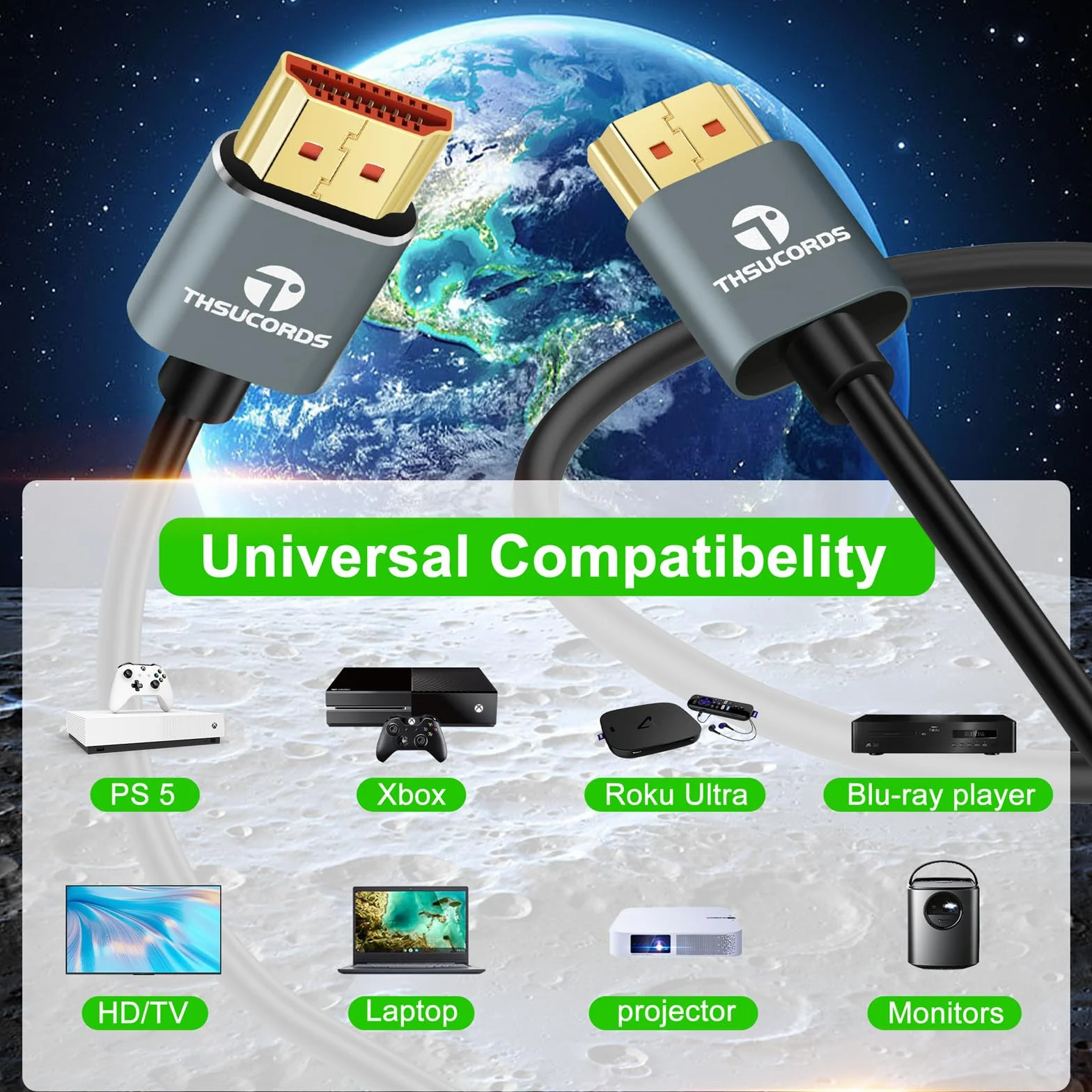 Thsucords Ultra cienkie 8K 4K Kable HDMI 2M, Slim LanElastyczne miękkie HDMI 2.1 Obsługa 4K@120Hz8K@60Hz 48Gbps Kompatybilny z Roku TV/HDTV/PS5/Blu-ray