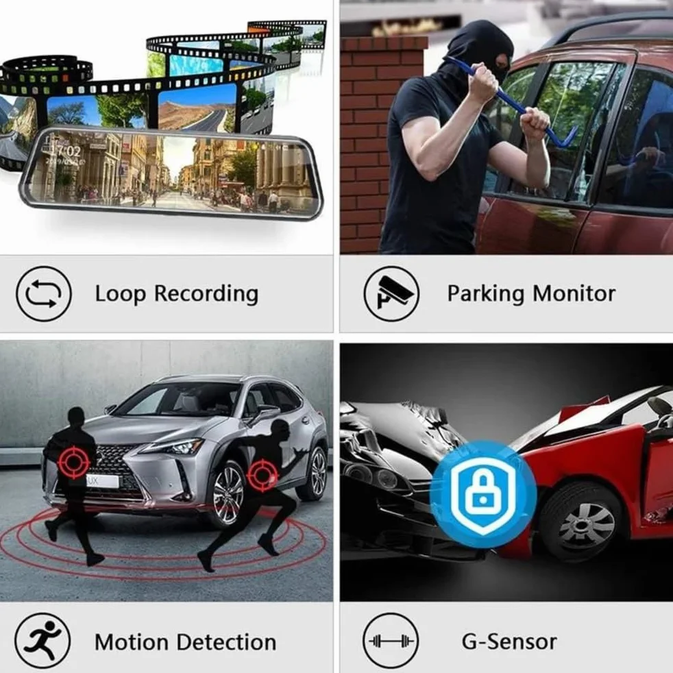 Kamera lusterkowa montaż paskowy 10 cali 4K przód 2K tył, wodoodporna kamera cofania WiFi GPS ADAS, widzenie WDR tryb parkowania nagrywanie pętli audio ukryte przewody