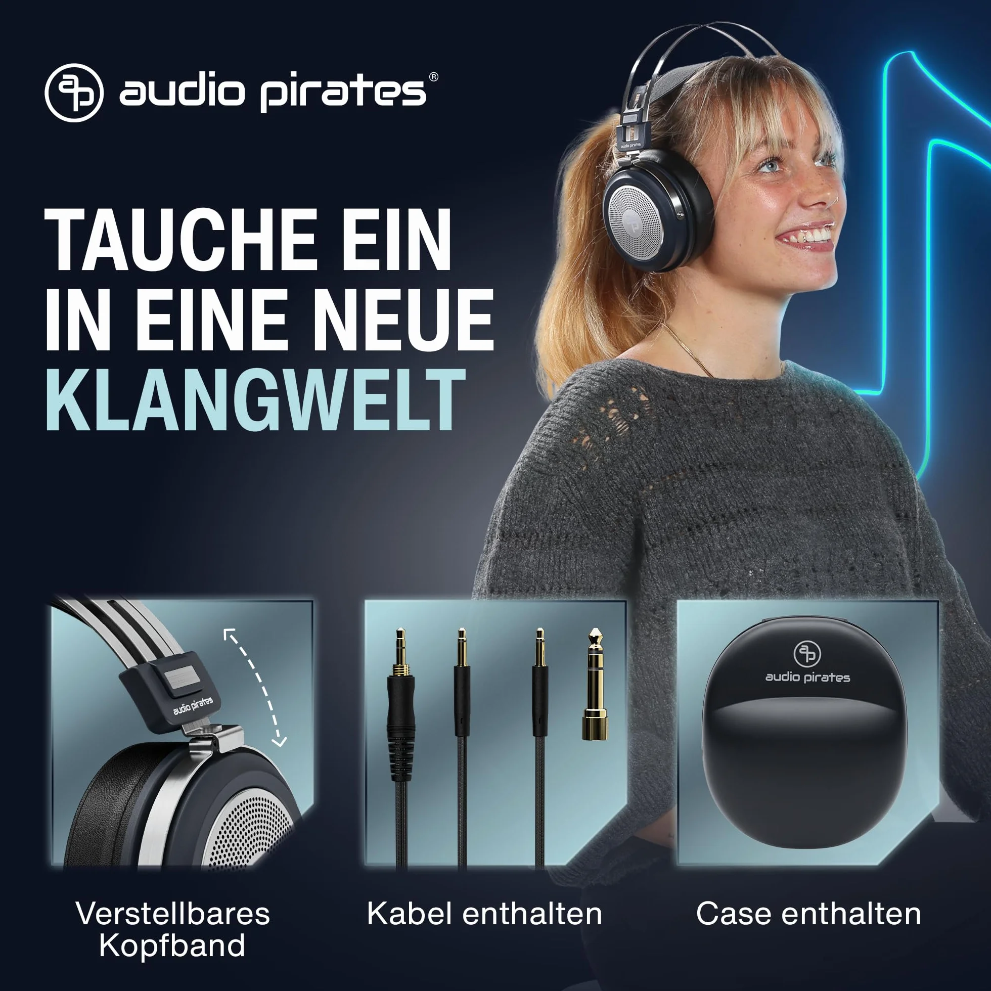 audio pirates ERIC zestaw 2 słuchawek studyjnych HiFi – słuchawki studyjne z etui Transprt, kabel 3 m, adapter jack 6,3 mm | Premium Collection