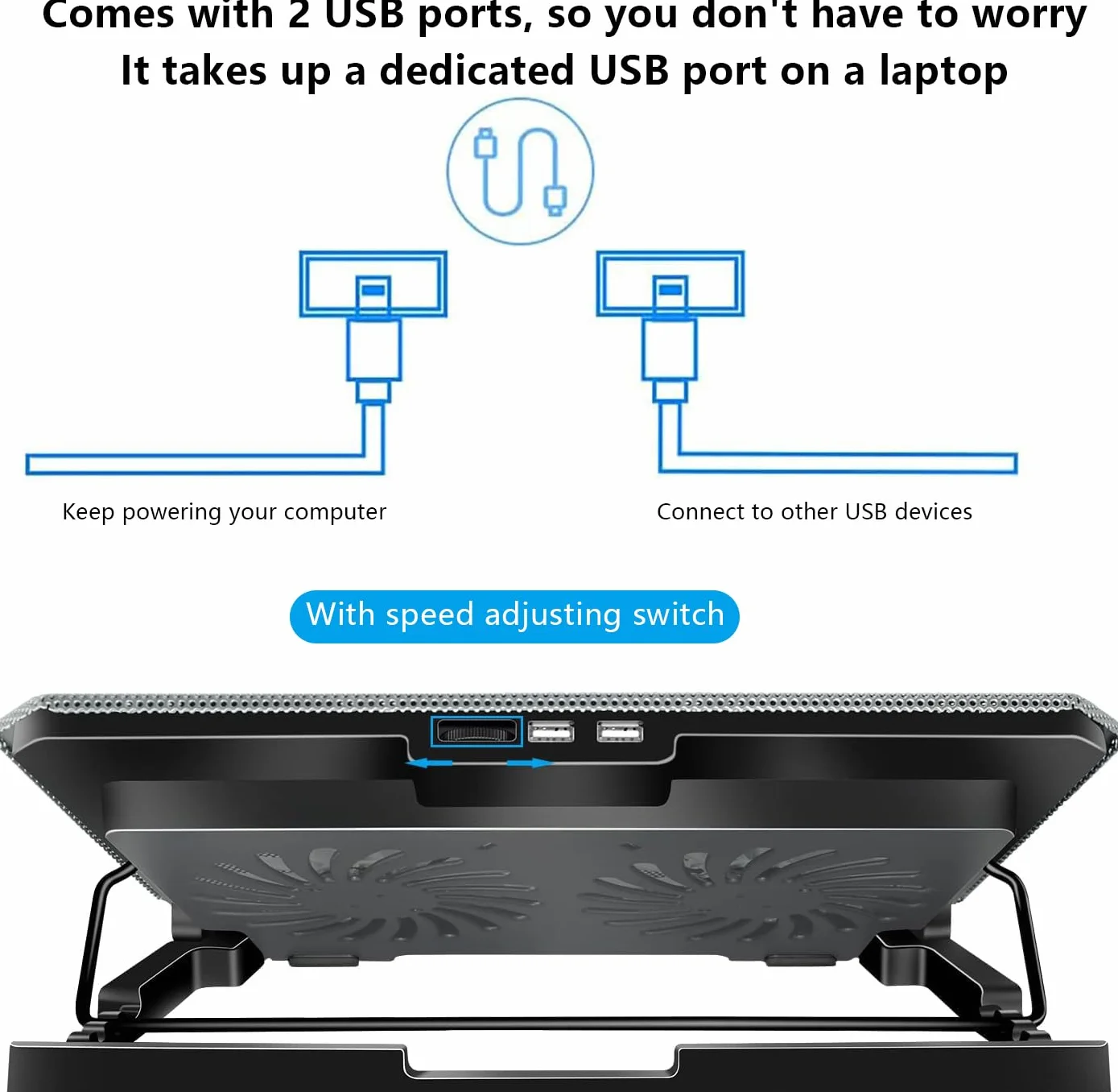 Podkładka chłodząca do laptopa, mata chłodząca, 2 ciche wentylatory, światła LED i 2 porty USB, 5 wysokości i z regulowaną prędkością, metalowa siatka, do laptopów 23-43.2 cm (srebrna)