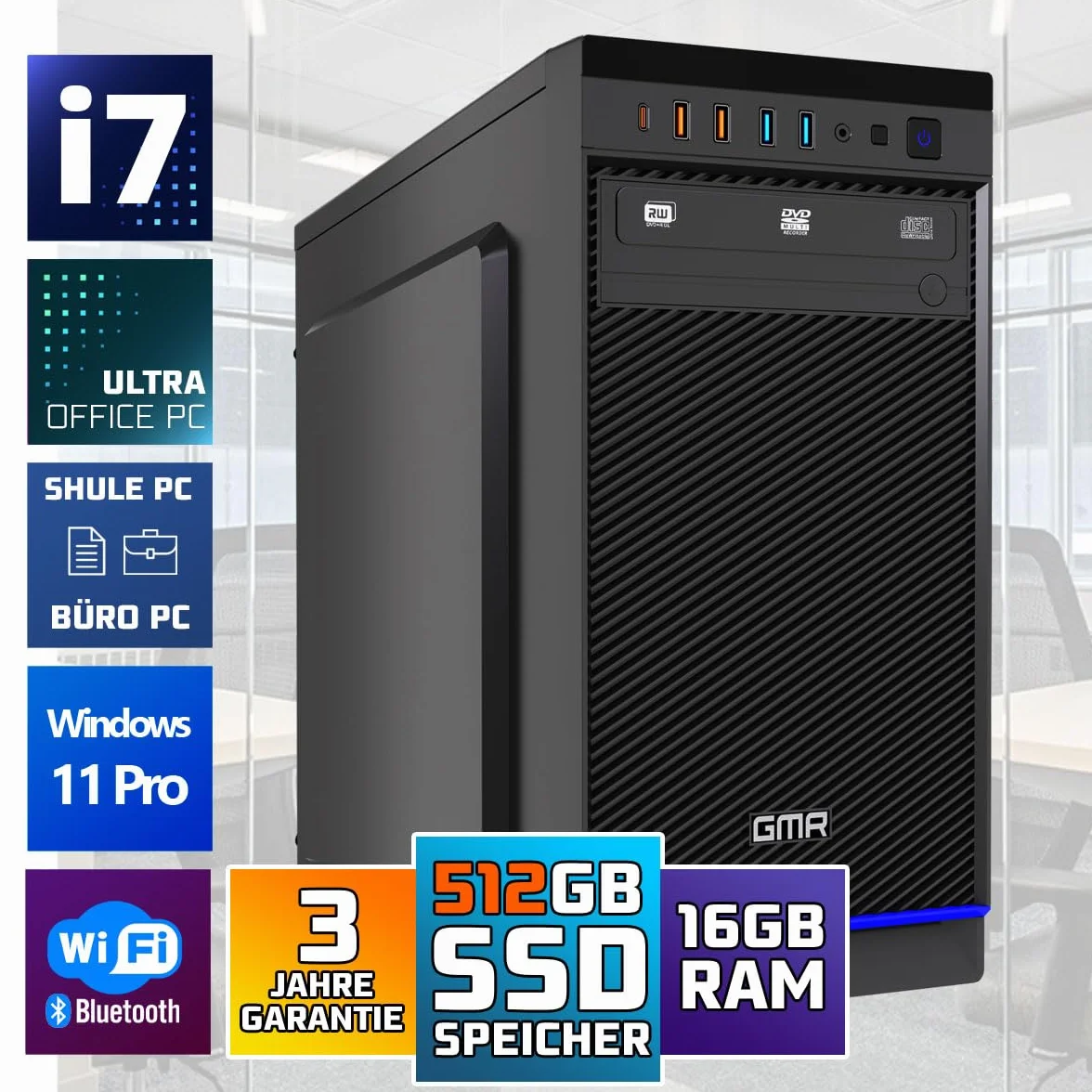 GMR Ultra i7 komputer biurowy – komputer biurowy | 16 GB RAM | 512 GB SSD M.2 | DVD±RW | USB 3 | Windows 11 Pro | WiFi Bluetooth