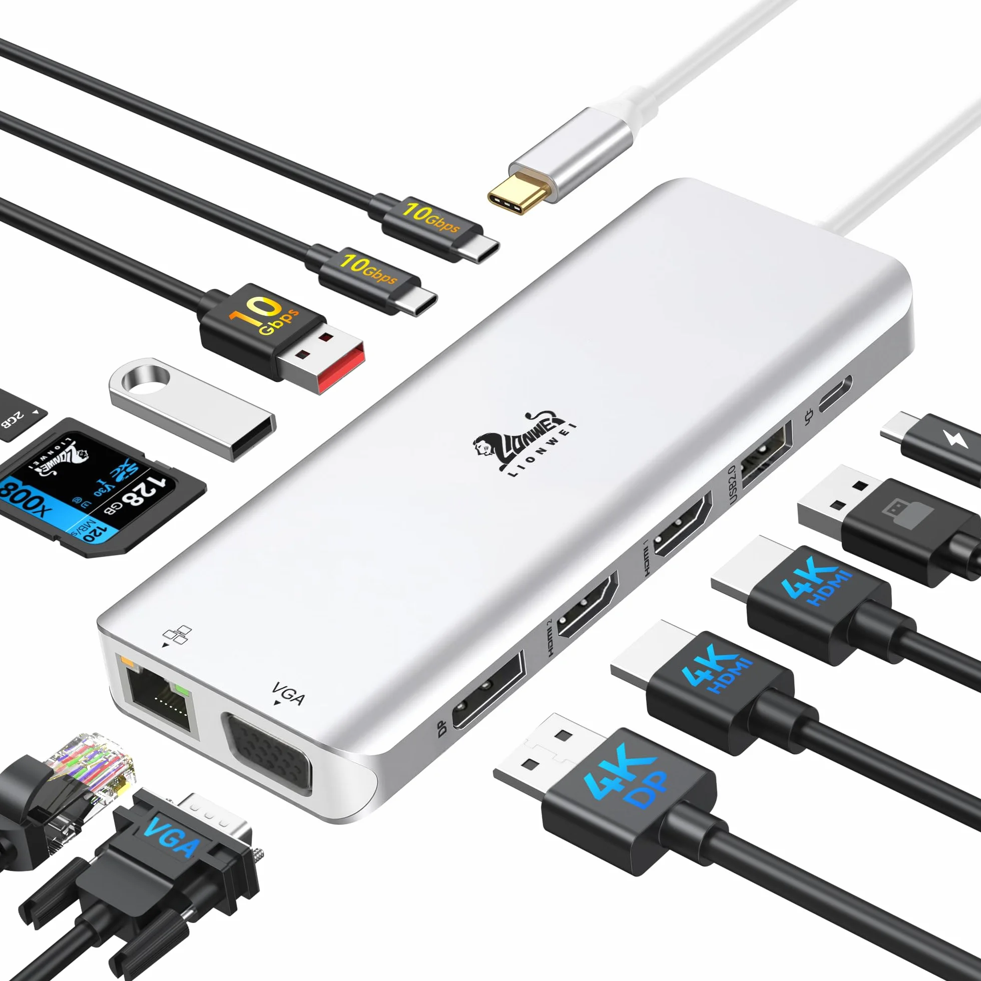 Stacja dokująca USB C 3 monitory 13 w 1 USB-C Hub z 2 HDMI 4K 60 Hz, 8K 30 Hz DisplayPort, VGA, 3 USB 3.1 10 Gb/s, PD 100 W, Gigabit Ethernet, adapter multi-monitora do MacBook Dell HP, kolor srebrny