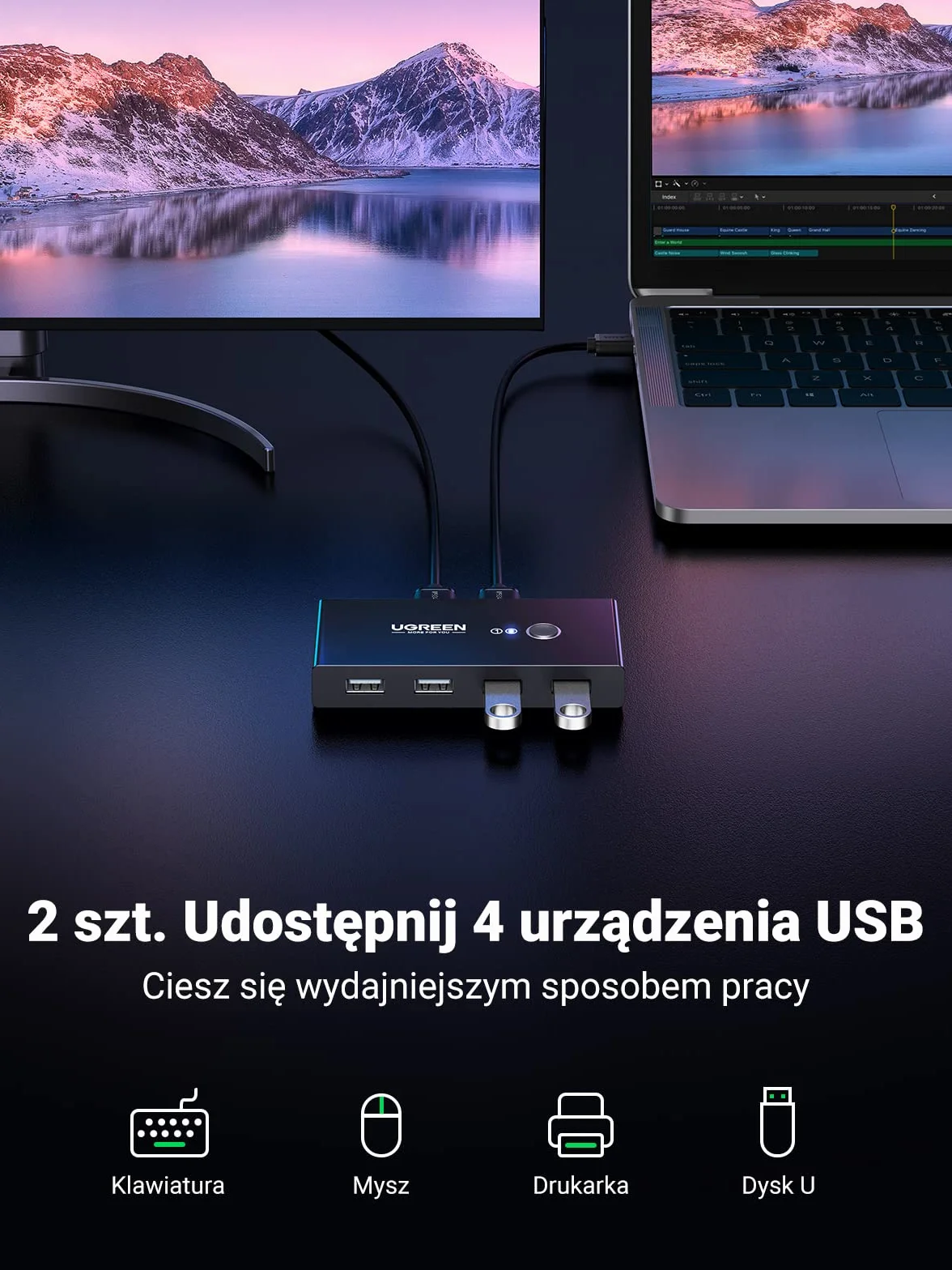 UGREEN USB 2.0 Przełącznik, Przełącznik Udostępniania 2 w 4 z 2 Kablami USB 2.0 do Drukarki, Skanerów, Zewnętrznych Dysków Twardych itp.