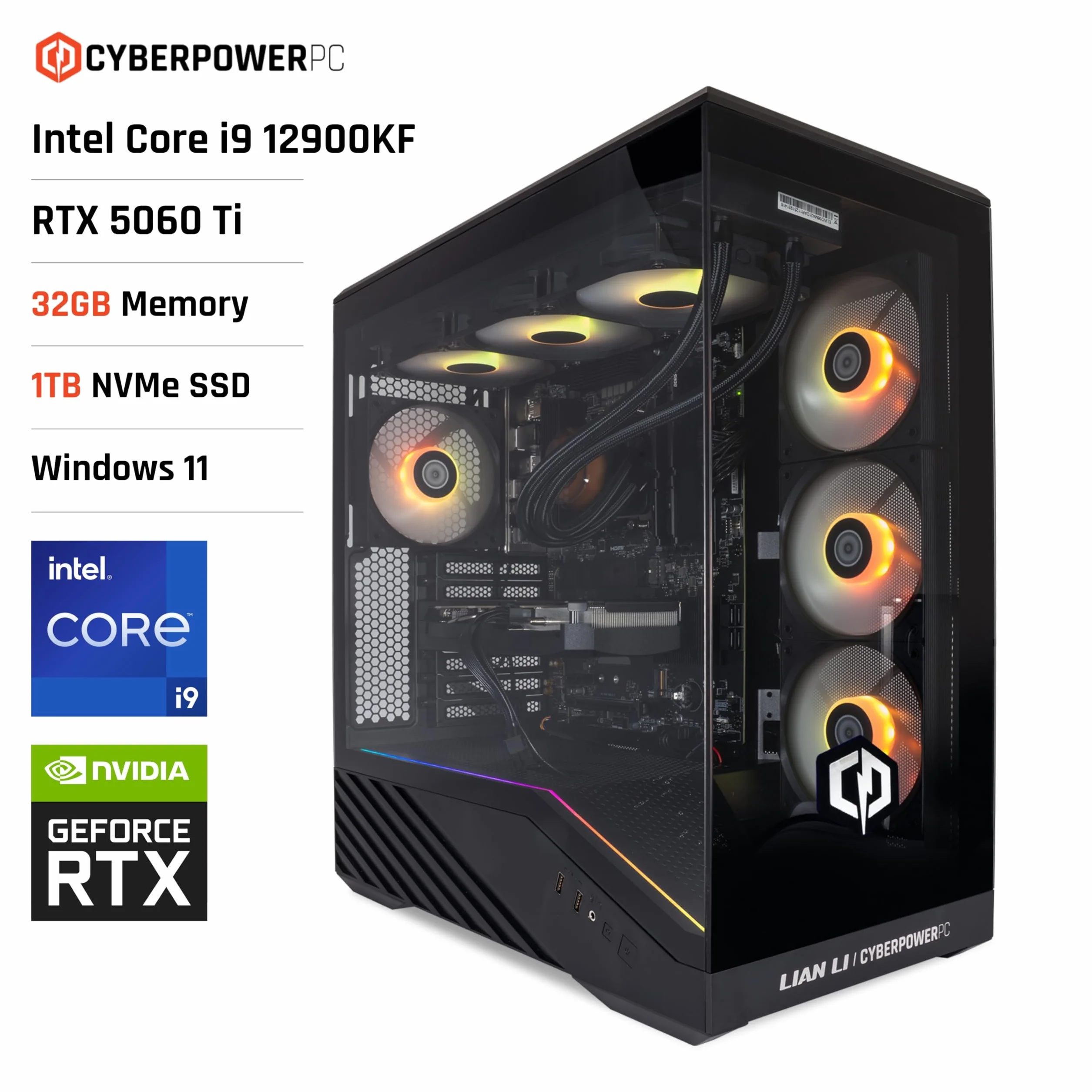 CyberPowerPC Luxe Gaming PC - Intel Core i9 12900KF, Nvidia RTX 5060 Ti, 32GB RAM, 1TB NVMe SSD, 750W PSU, Windows 11, Liquid Cooling, V100R