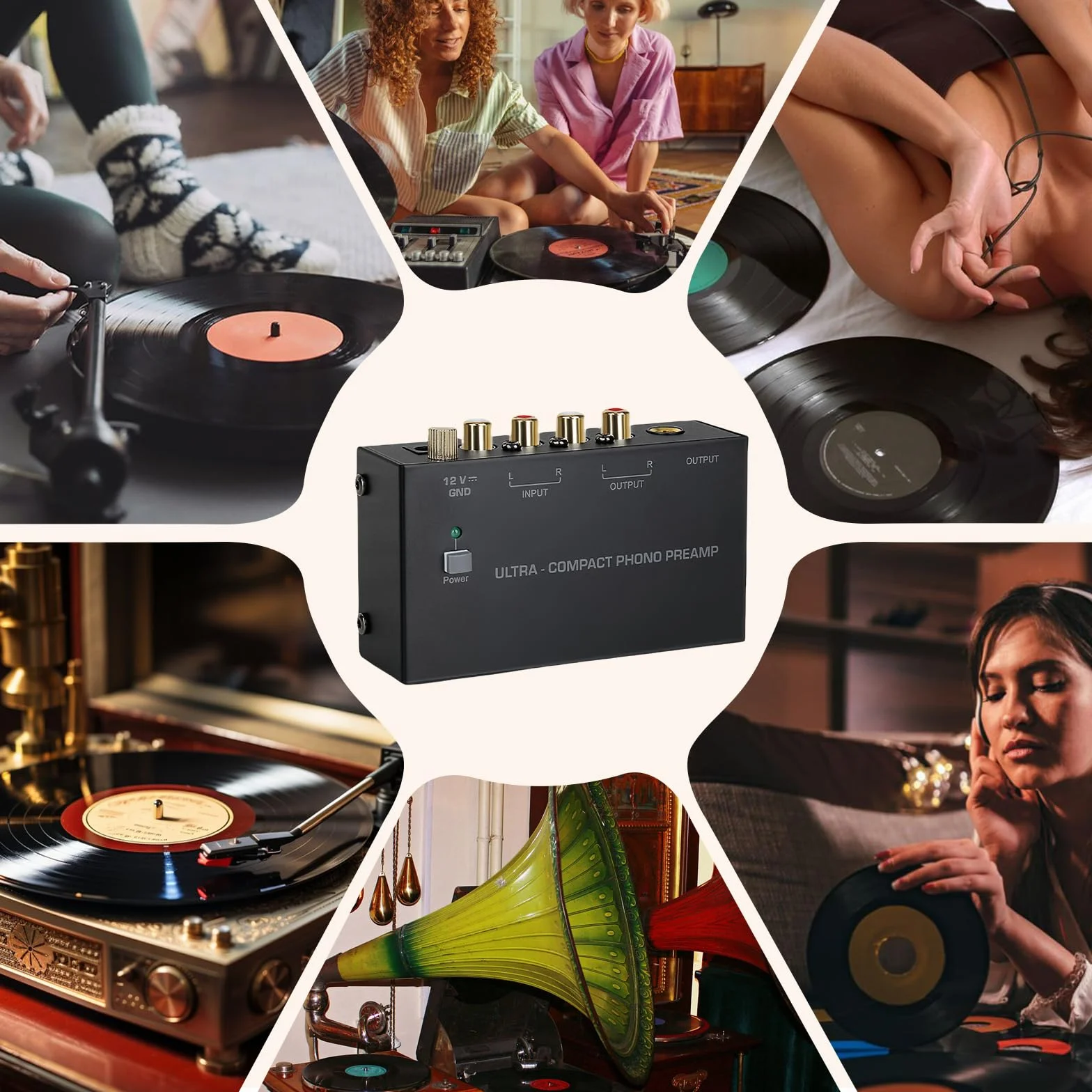 Phono przedwzmacniacz gramofonowy, przedwzmacniacz do gramofonów, Phono Preamp do gramofonów z adapterem DC 12 V, wejście i wyjście RCA, przedwzmacniacz gramofonowy z poziomem