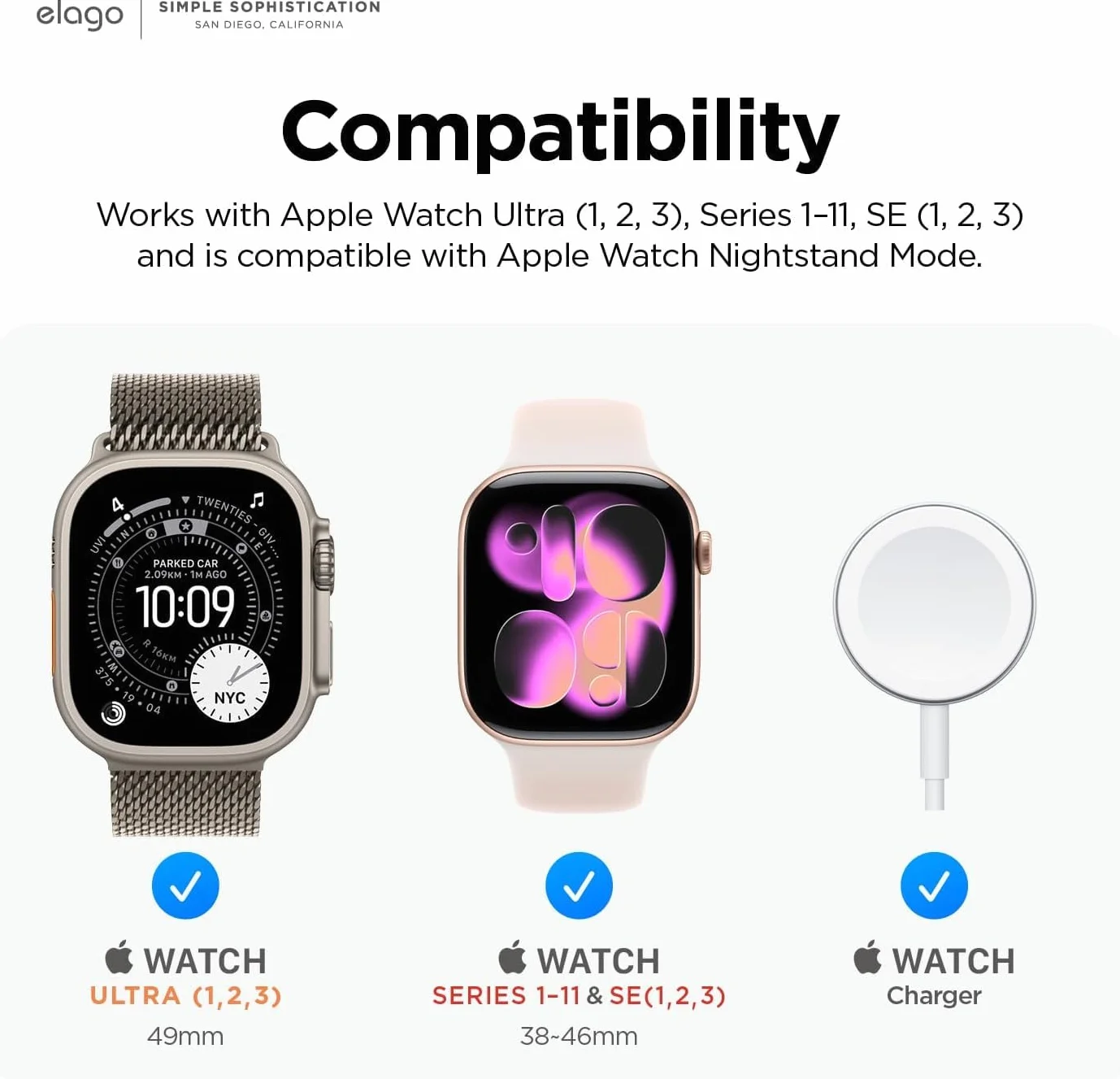 elago Stojak na ładowarkę W2 kompatybilny z Apple Watch Series Ultra3/Ultra2/Ultra/10/9/8/7/6/5/4/3/2/1,SE3/2/1 (49mm, 46mm, 45mm, 44mm, 42mm, 41mm, 40mm, 38mm)
