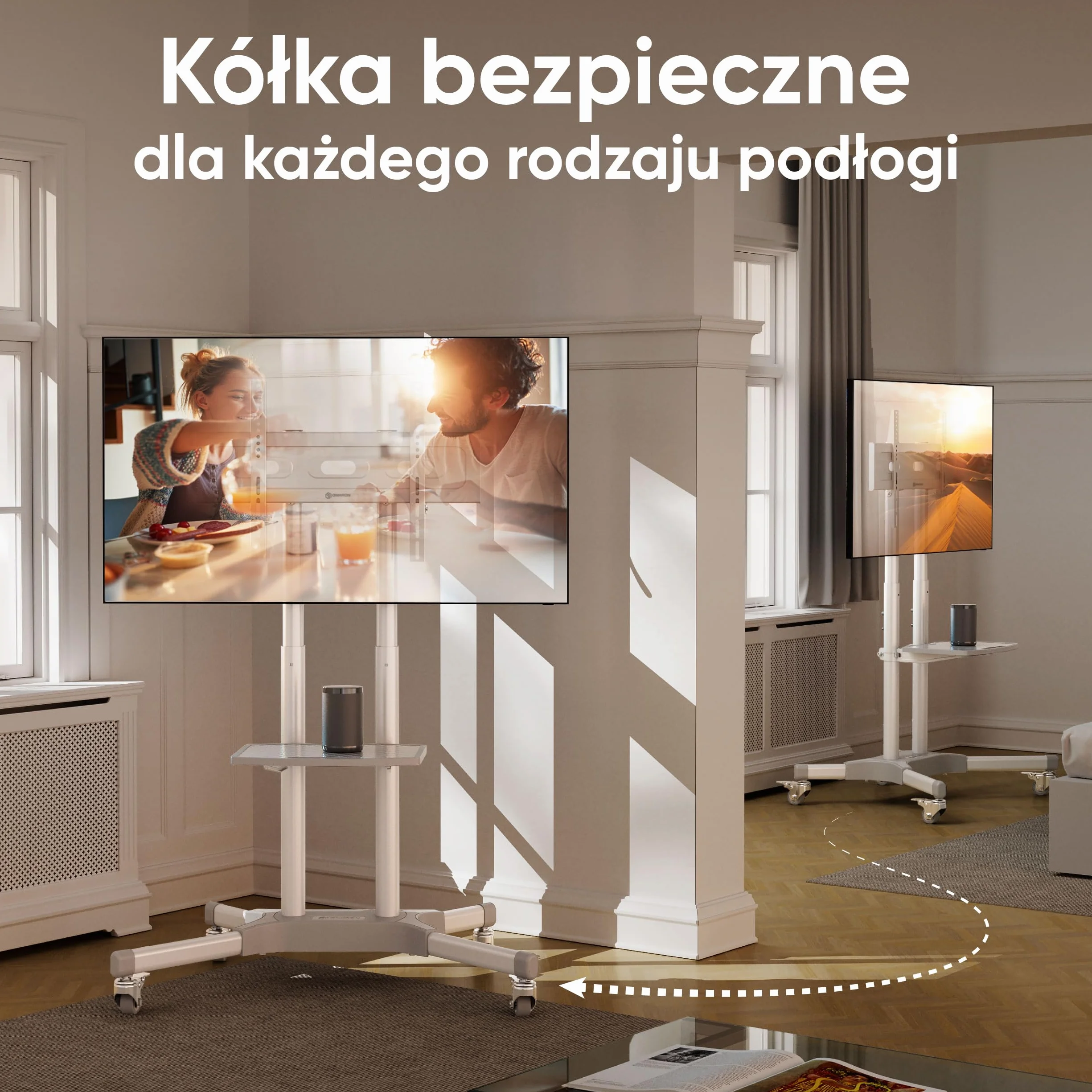 ONKRON Stojak na telewizor na kółkach dla ekranów 32" - 65" do 50 kg, regulowany na wysokość max VESA 600x400 - Uniwersalna podstawa TV/Wózek na telewizor z kółkami, biały TS1351-W