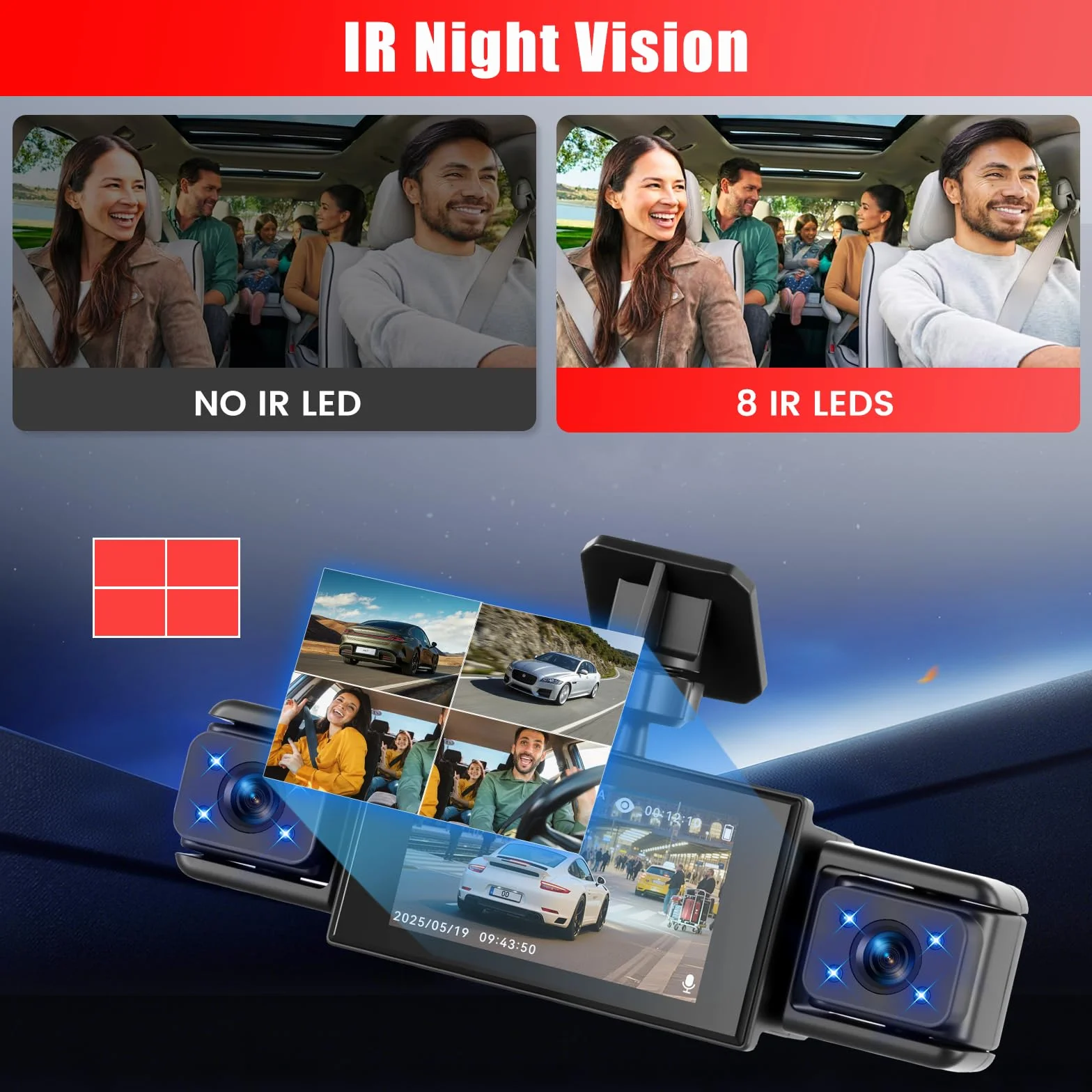 1080P Dash Cam 360 stopni 4 kanały, ekran 3 cale | Dashcam z kartą SD 64G, czujnik G, kamera cofania, tryb parkowania 24H, noktowizor, nagrywanie w pętli