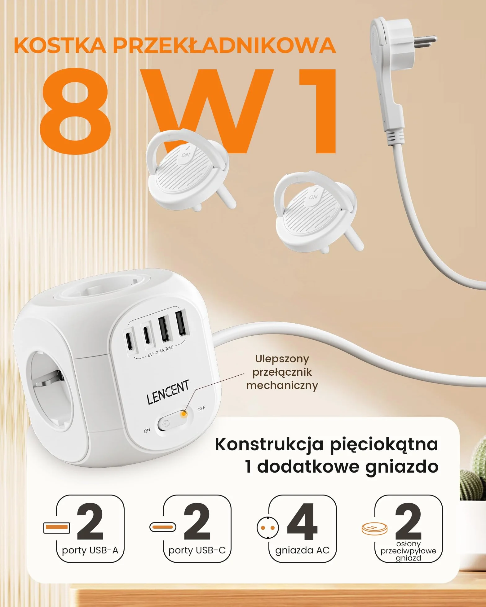 LENCENT 10 Metry Listwa Zasilająca z Płaską Wtyczką, 4 Przegrody 8 w 1 | Listwa Zasilająca z 3 Gniazdami USB A + 1 Gniazdkiem Typu C, Adapter z Przełącznikiem 10 M Kable, Wtyczka Domowa, Typu C/E/F