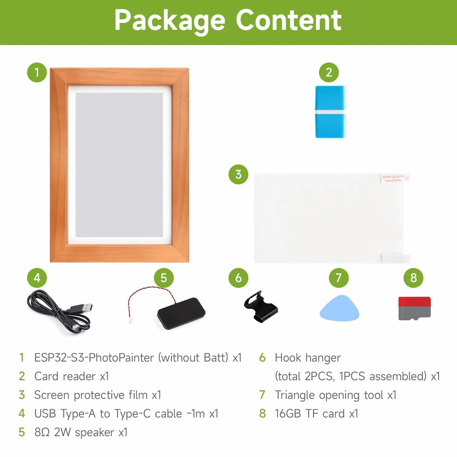 Waveshare ESP32-S3-PhotoPainter 7.3inch E6 Full Color E-Paper Display with Solid Wood Photo Frame, Ultra-Long Standby, 800 × 480 Resolution, No BAT
