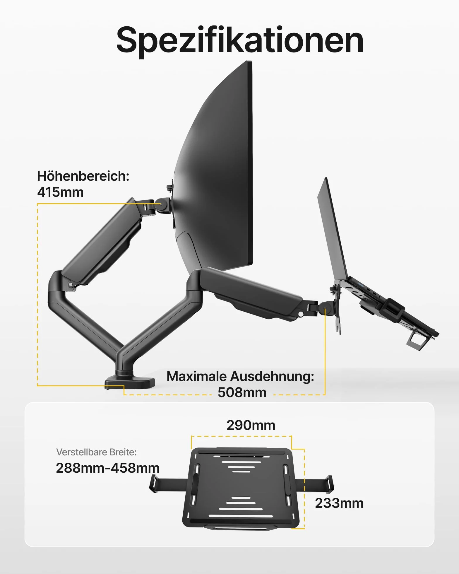monTEK Uchwyt do Monitora i Laptopa 2 w 1, Regulowane Ramię do Monitora 17–32" i Laptopa 12–18", VESA 75x75/100x100, Mocowanie Zaciskowe lub Przelotowe, Czarny