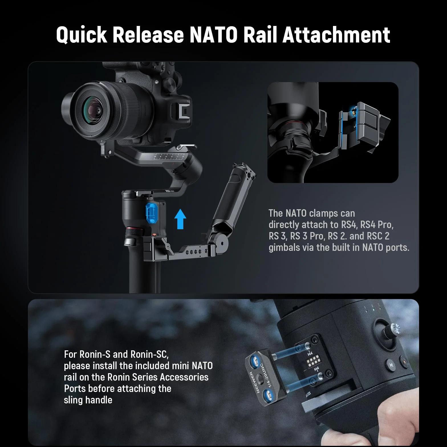 NEEWER RS4 RS3 regulowany uchwyt do zawieszenia gimbala z szyną NATO, kompatybilny z DJI RS4 RS4 Pro RS3 RS3 Pro RS3 Mini RS2 RSC2 Ronin-S Ronin-SC dla niskiego kąta strzału, maksymalne obciążenie 6