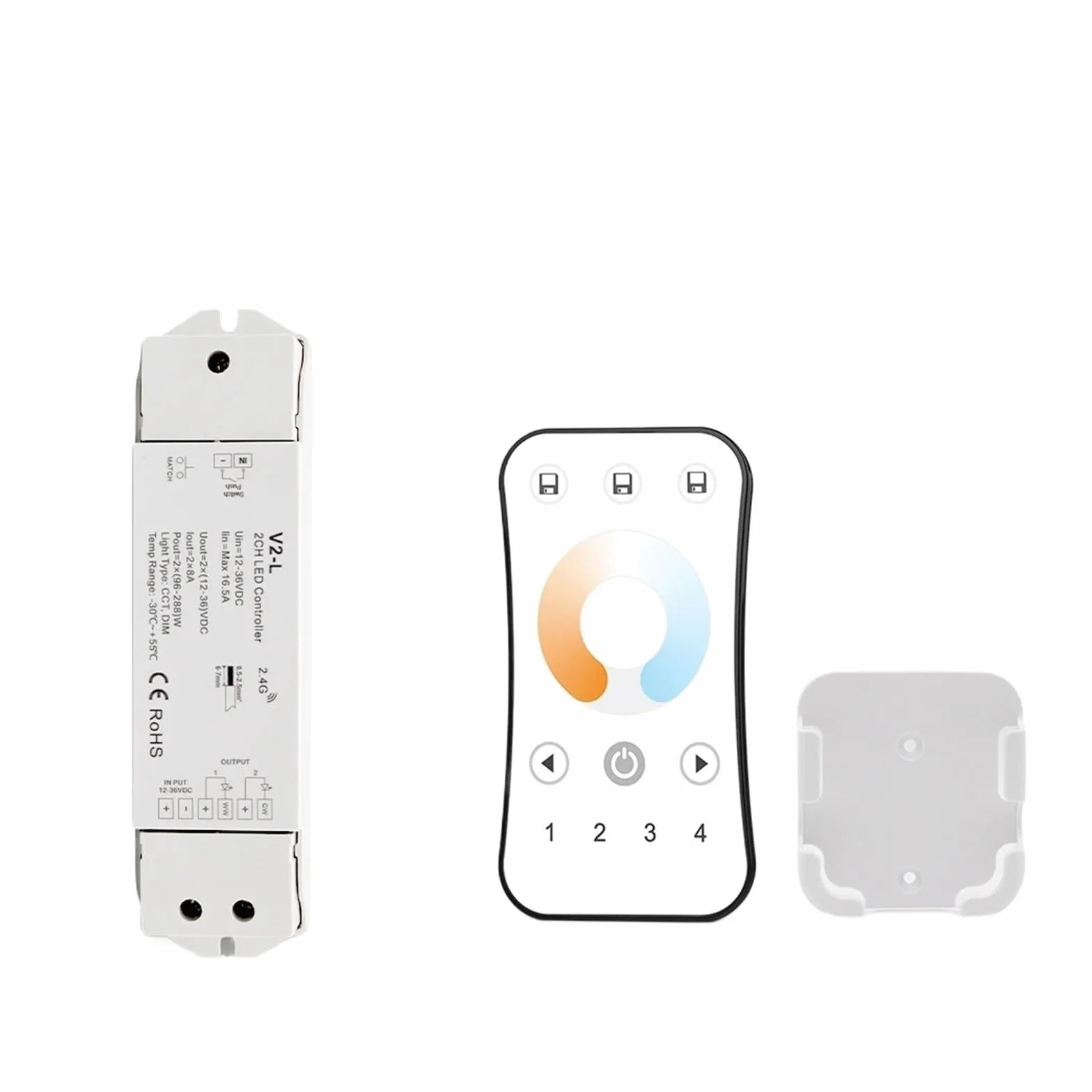 Kontroler 12V 24V 36V 2CH 16A 2,4G bezprzewodowy pilot zdalnego sterowania RF przełącznik ściemniacza LED do białych podwójnych pasków świetlnych CCT (V2-L i R7 Set)