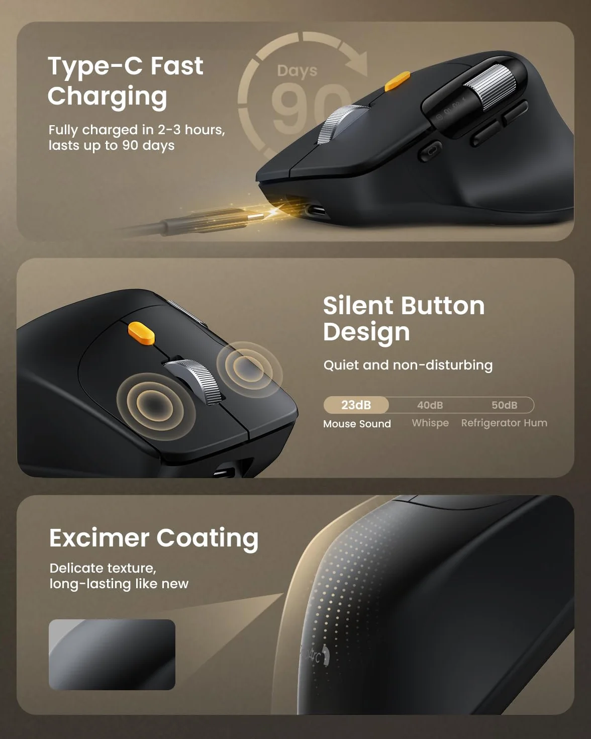 ProtoArc EM25 Ergonomiczna mysz z szybkim przewijaniem, bezprzewodowa 2,4 G + 2 x mysz komputerowa Bluetooth, przewijanie kciukiem, niestandardowy przycisk, akumulatorowa, 8K DPI, do Windows/Mac