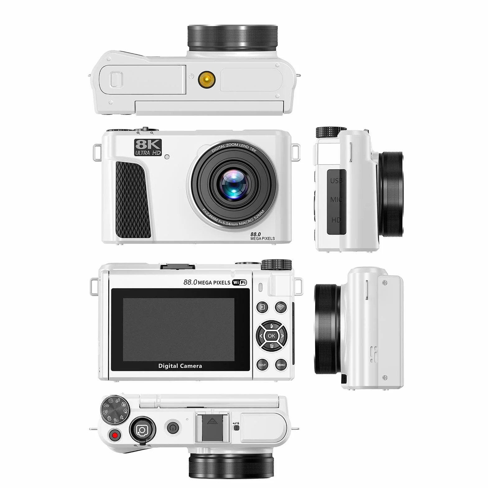 Goshyda Aparat Cyfrowy 8K, Aparat UHD 88MP z kontrolą Wi -Fi, 18 -krotny Aparat Zoomu do Vlogowania z Ekranem 3 Cali 180 °, Autofokus do Wideo na żywo (WHITE)