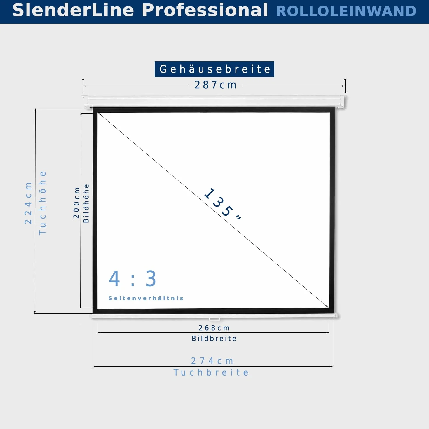 SlenderLine Professional roleta 274 x 224 cm, rozmiar obrazu 4:3, obudowa: 287 cm, uniwersalny ekran projekcyjny do kina domowego i prezentacji, montaż na suficie i ścianie