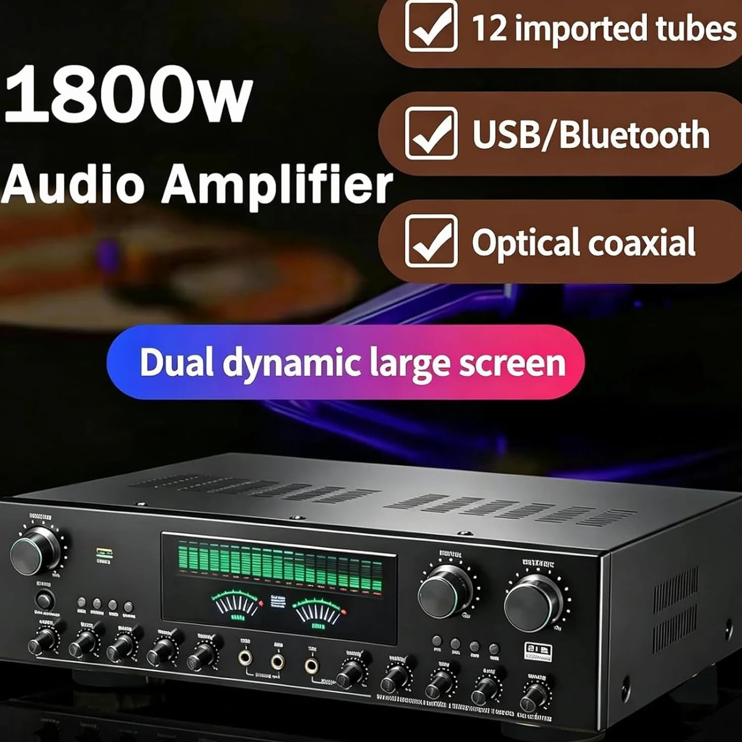 Domowy odbiornik audio 1800 W, 7,1-kanałowy wzmacniacz audio stereo, regulowana głośność, wejście optyczne/koncentryczne, wejście USB, wejścia mikrofonowe/amplituner, z pilotem zdalnego