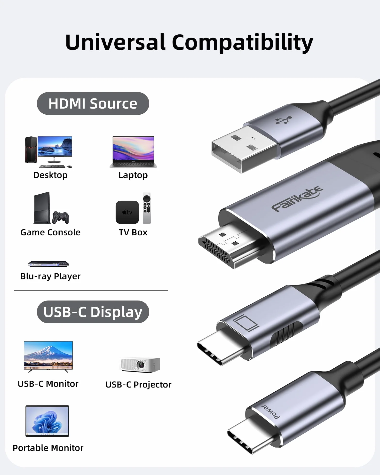 fairikabe Kabel HDMI na USB C, 4K 60 Hz, źródło HDMI i zasilacz do wyświetlacza USB C, konwerter do Xbox PS5, stacja dokująca Steam Deck do Apple Studio Display, Nreal, Xreal, Xreal Beam, Rayneo
