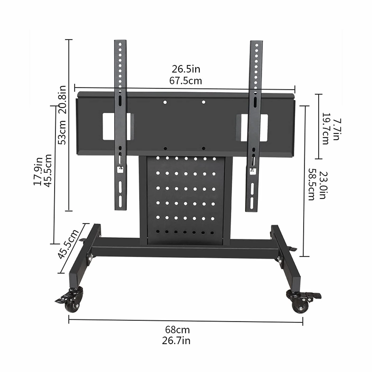 Pionowy stojak na telewizor, stojący, mobilny wózek na telewizor 81.3 cm-190.5 cm, mobilny komercyjny uchwyt na telewizor z 4 uniwersalnymi rolkami, dwukolorowe kółka, regulowany stojak na telewizor