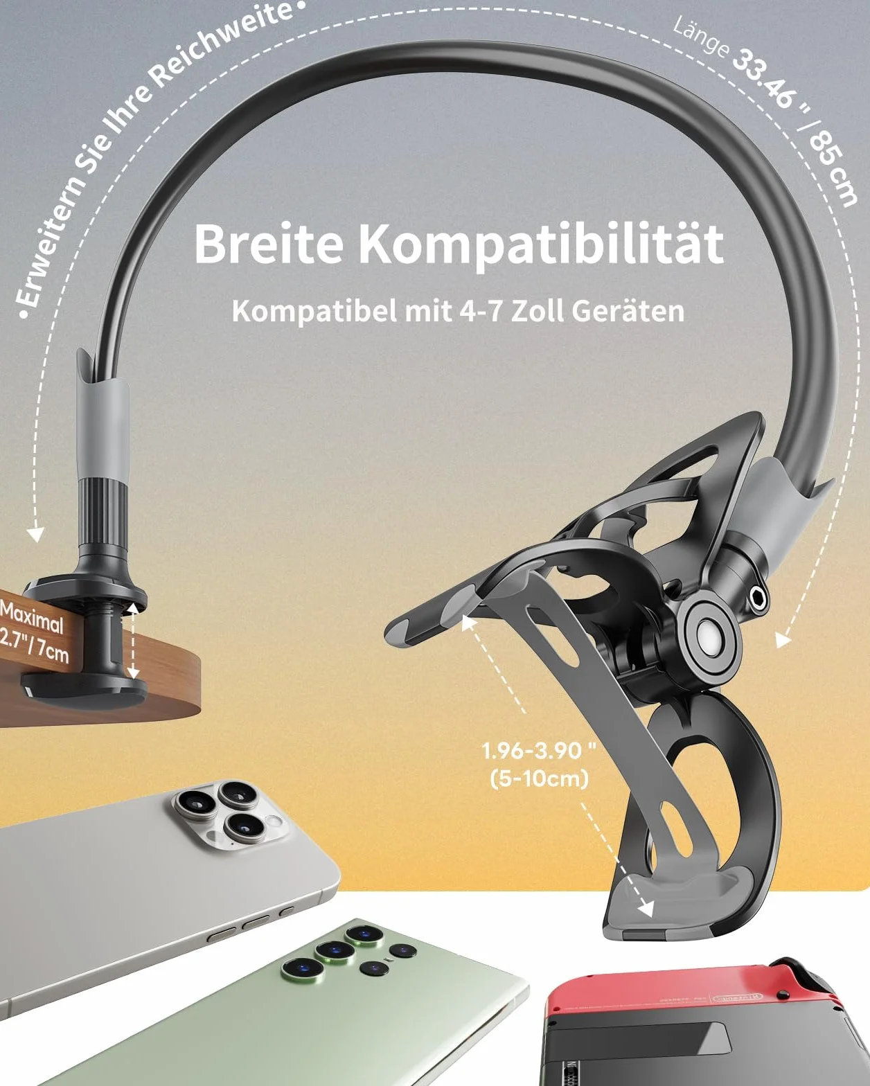 SAIJI Uchwyt na telefon komórkowy łóżko gęsia szyja uchwyt na telefon komórkowy 360 stopni długie ramię dla iPhone 17 16 15 14 13 12 Pro 4-7 cali (czarny)