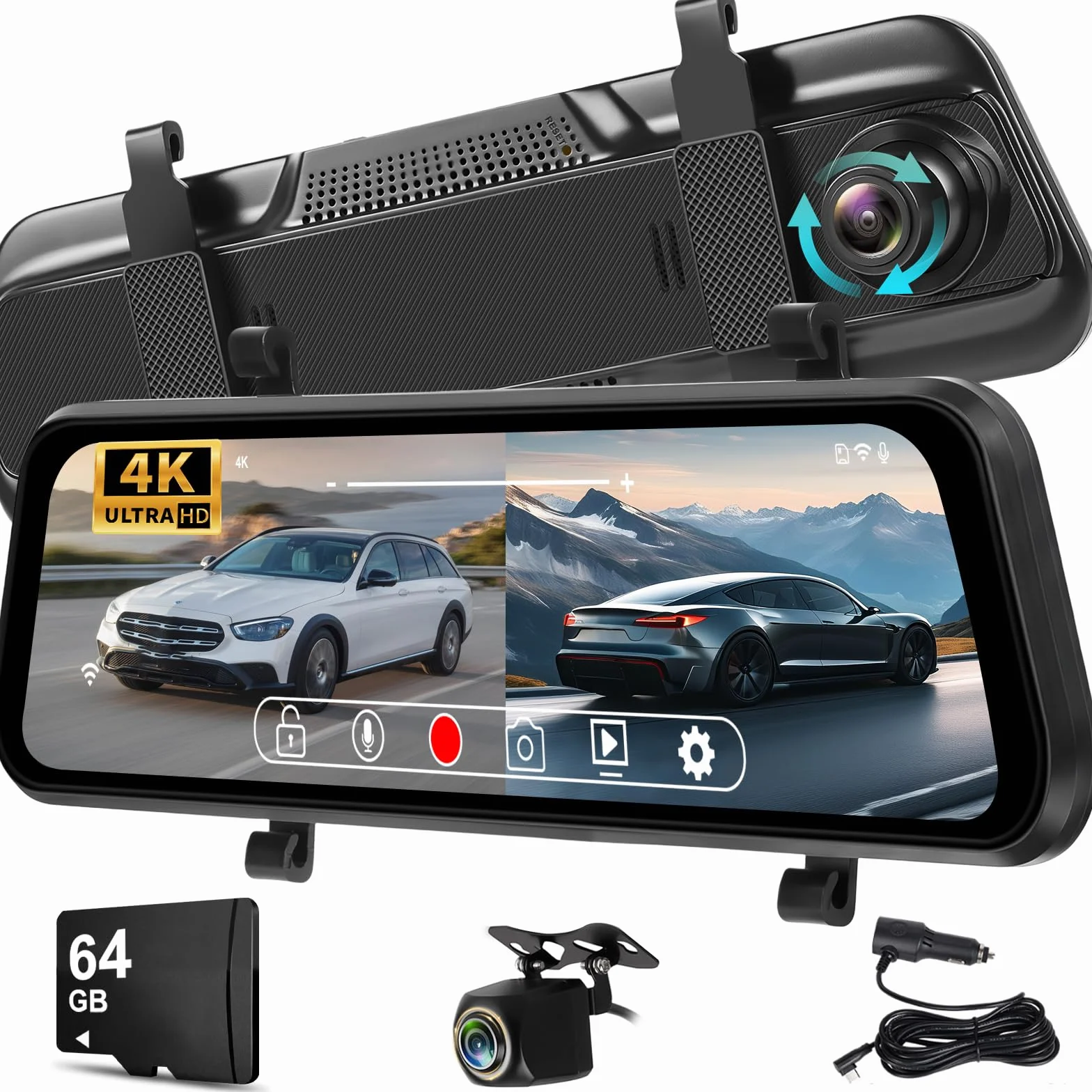 NHOPEEW Kamera samochodowa 4K z tylną kamerą 1080P | WiFi, nagrywanie w pętli, czujnik G, monitor parkowania 24H, kompensacja ekspozycji, ekran IPS 9,66"