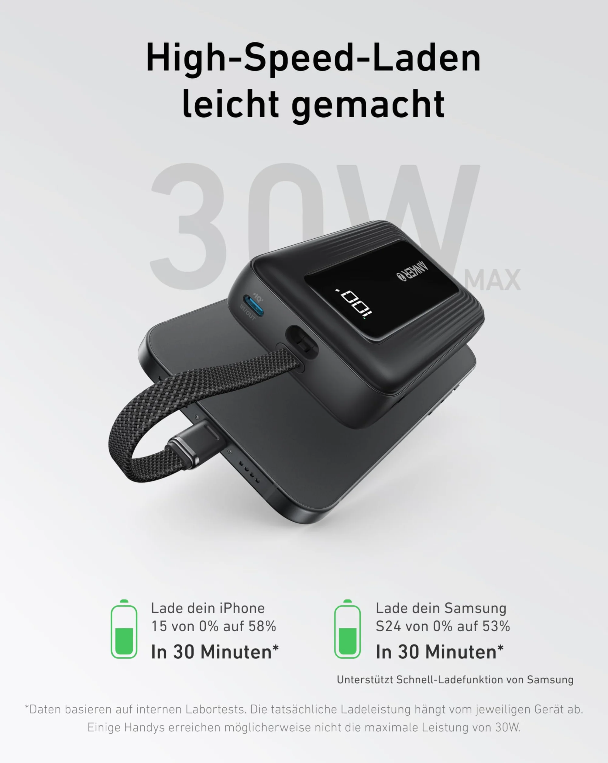 Powerbank Zolo firmy Anker, 20 000 mAh 30 W, szybka przenośna ładowarka z wbudowanym kablem USB-C, 1 USB-C, 1 USB-A, akumulator do iPhone'a 15/15 Pro/15 Pro Max/15 Plus, Galaxy i innych (różowy)