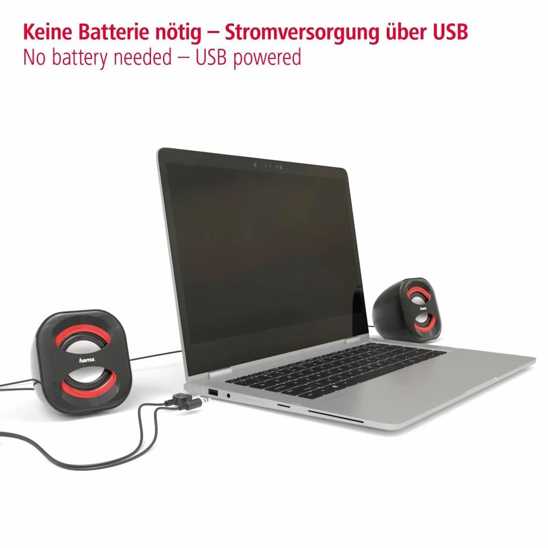 Hama Przewodowe głośniki do laptopa "Sonic Mobil 183" (Jack 3,5mm, regulator głośności, stereo, 120-20000 Hz, 7,2 x 7,5 x 8,2 cm) czarne/czerwone