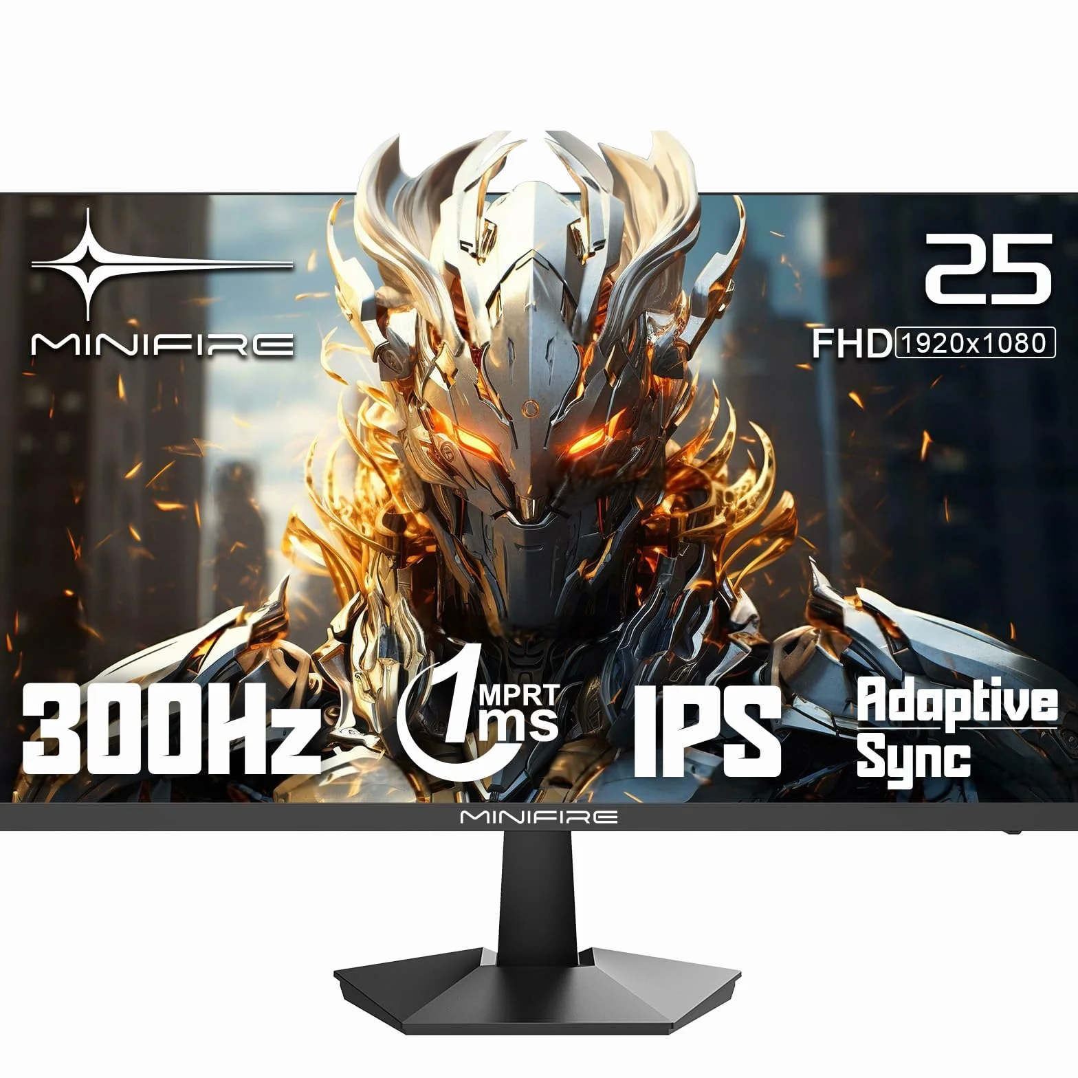 Minifire Monitor gamingowy 24,5", 300 Hz, 1Ms, FHD 1080P, bezramkowy ekran, FreeSync, panel IPS, HDR Ready, sRGB 120%, Eye-Care, HDMI 2.1 i DisplayPort 1.4, VESA 75 x 75 -czarny