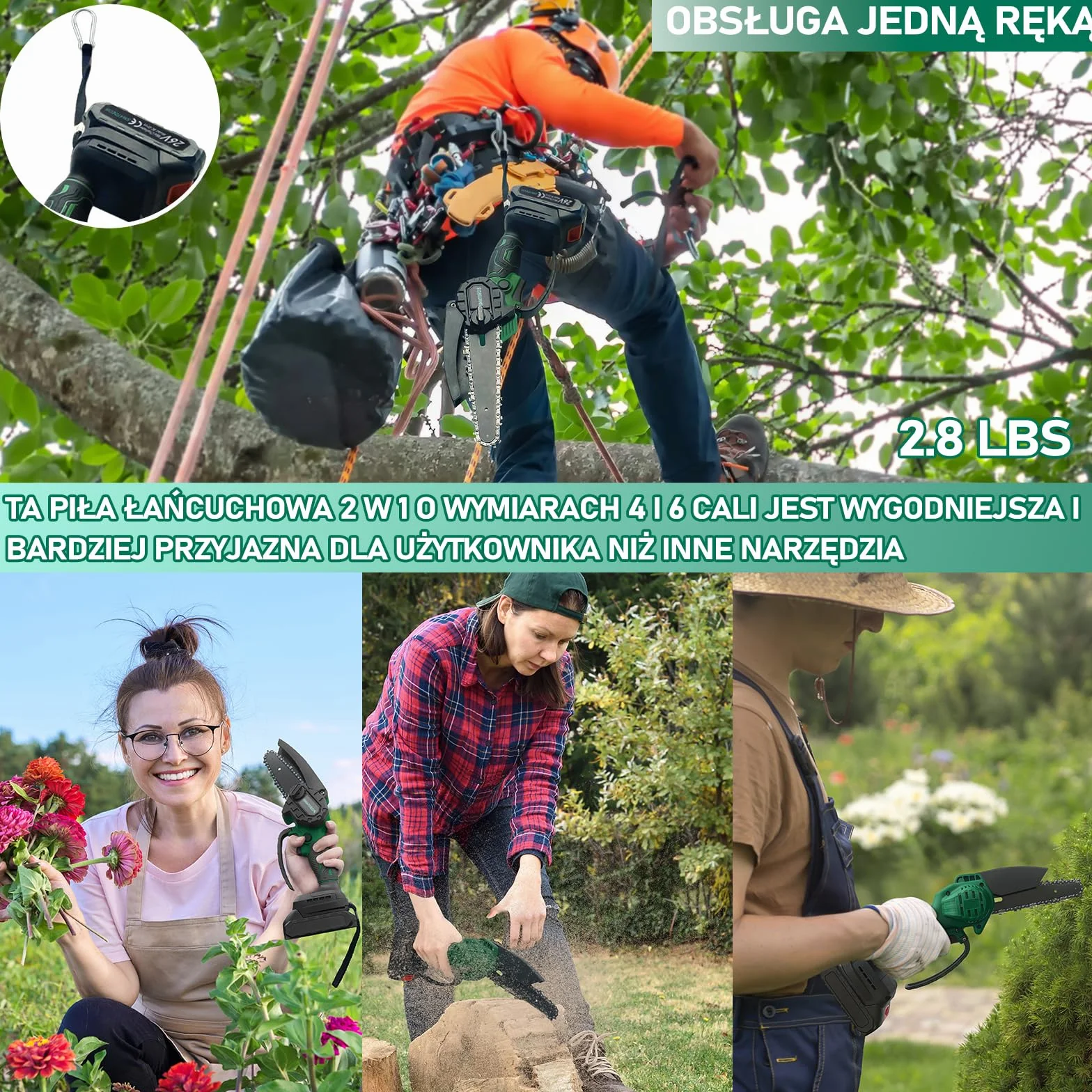 Minipiła łańcuchowa akumulatorowa 4000 mAh 10-15 cm bezszczotkowa z zapasowym łańcuchem