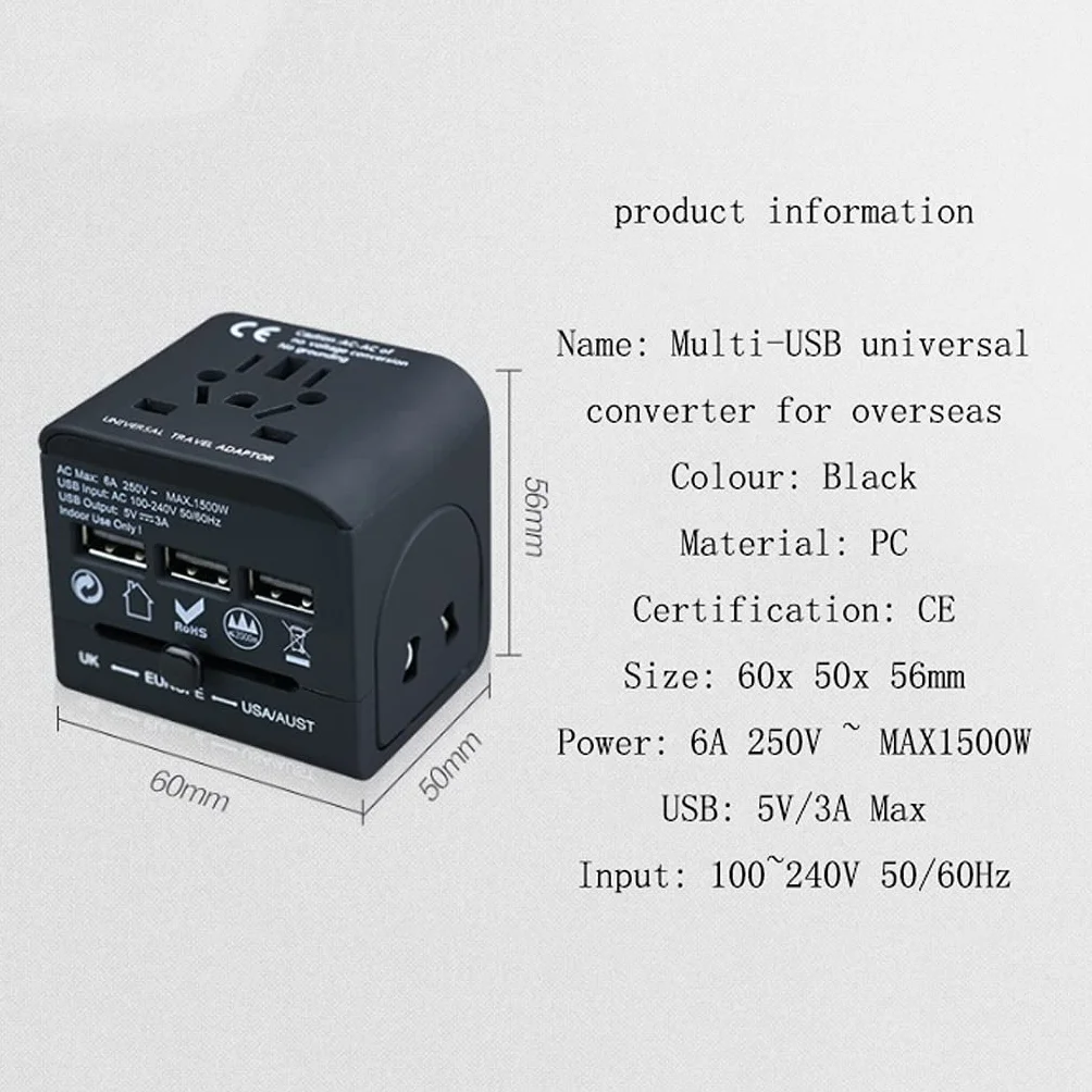 Gniazdo międzynarodowe przetwornice Uniwersalny na całym świecie adapter podróży, Gniazdo podróży Podróży na całym świecie, ładowarka zasilania AC. Adapter wtyczki z 3 Usb. Porty adapter wtyczki zasil