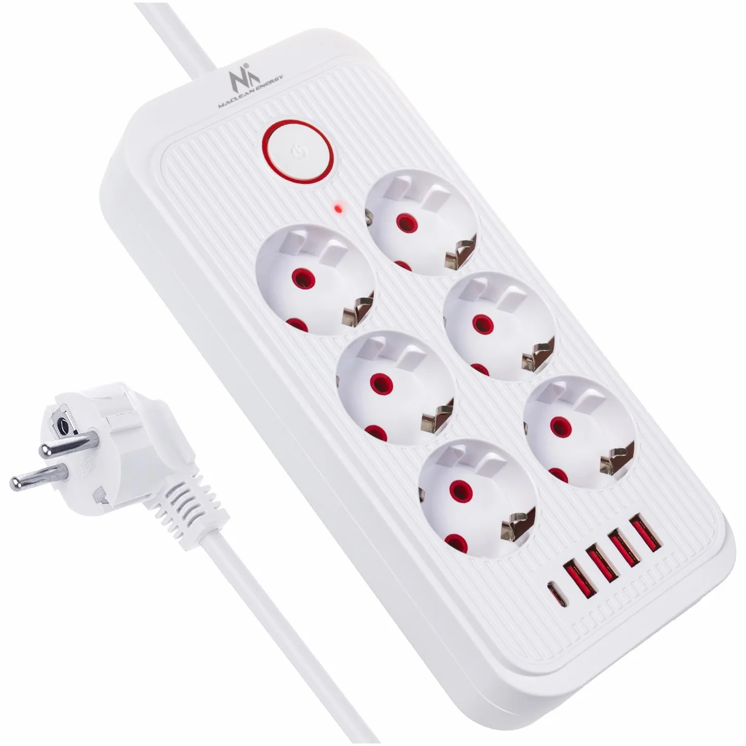 Maclean MCE389/391 Listwa zasilająca | 6 gniazdek 4xUSB 1xUSB-C 2500 W | przedłużacz biurkowy z wyłącznikiem | porty pod kątem 45° | montaż na ścianie (Biały, 6 gniazd + 4xUSB / 3m)
