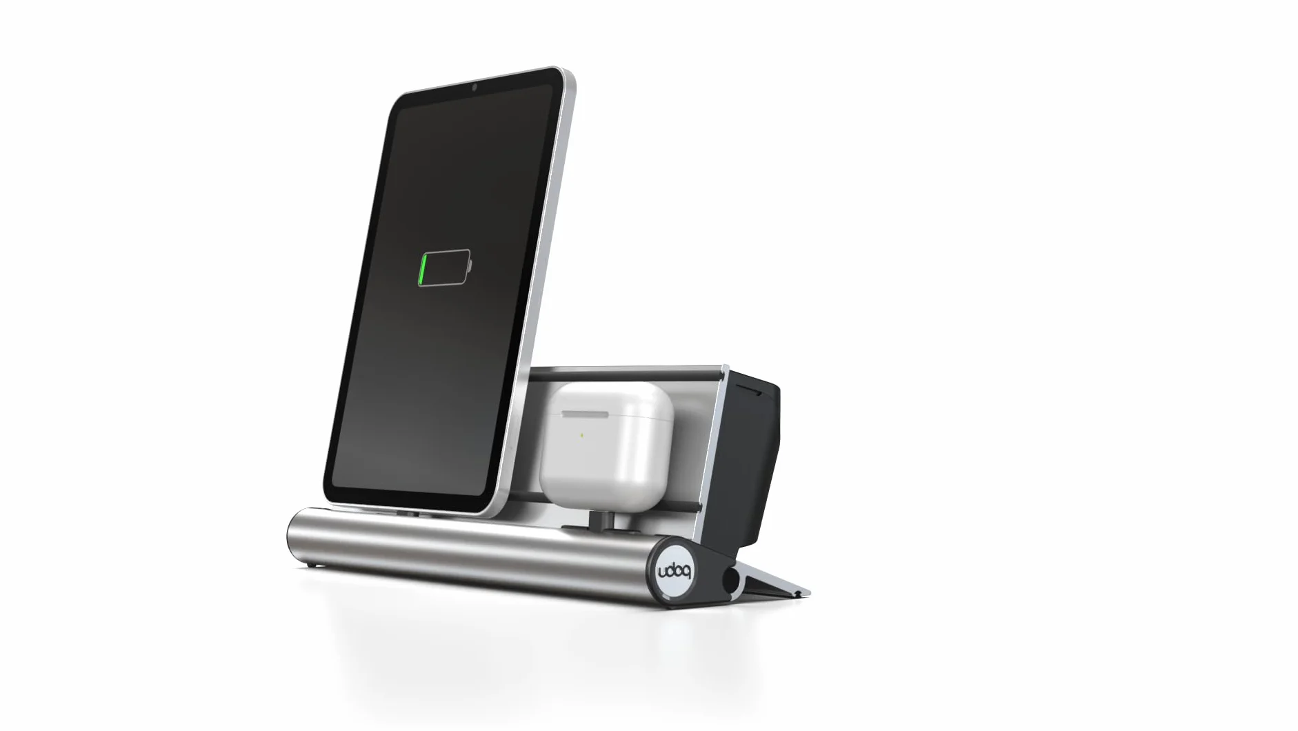 Aluminiowa stacja ładująca z 2 portami USB-C, udoq 250, z kablem do szybkiego ładowania i ładowarką Power Delivery Charger, srebrna