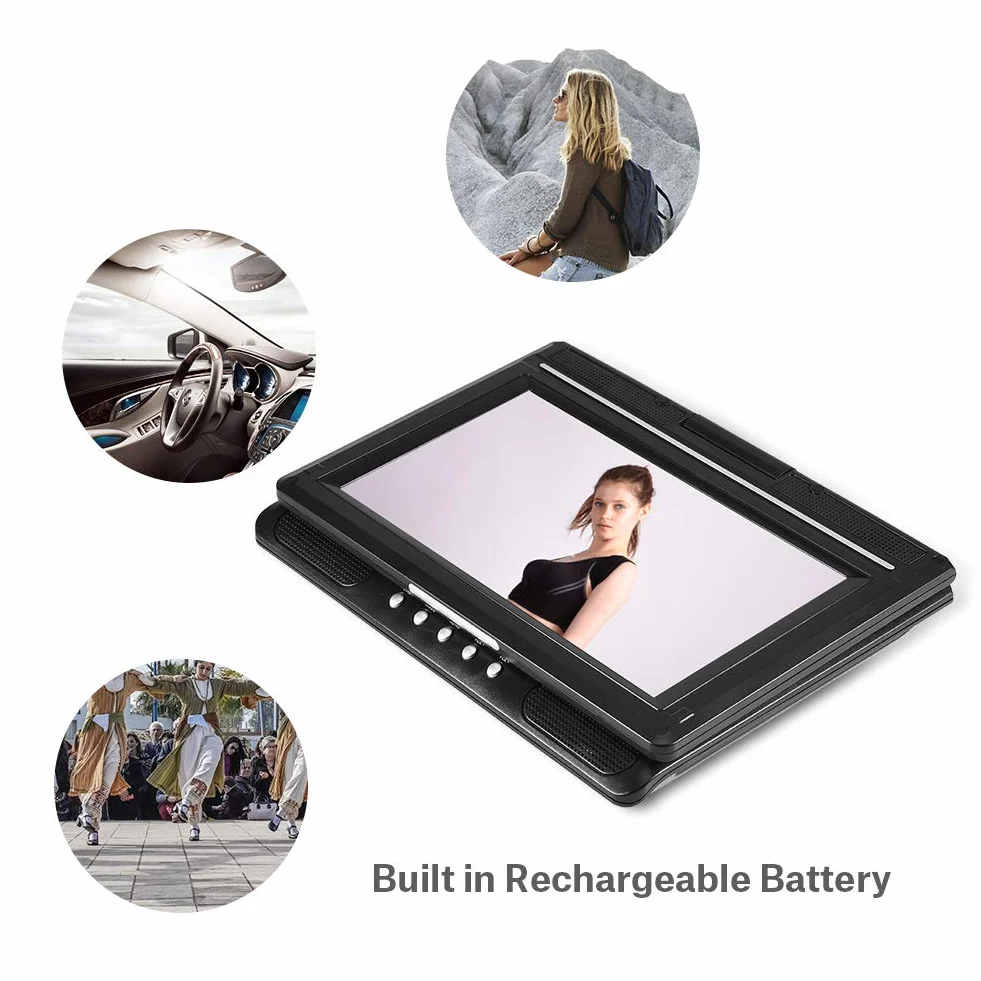 Odtwarzacz DVD, przenośny 9-calowy odtwarzacz DVD z panoramicznym ekranem LCD obracanym o 270 ° Odtwarzacz DVD wideo Odtwarzacz wideo FM SD USB AV CD VCD (wtyczka UE 110-240 V)