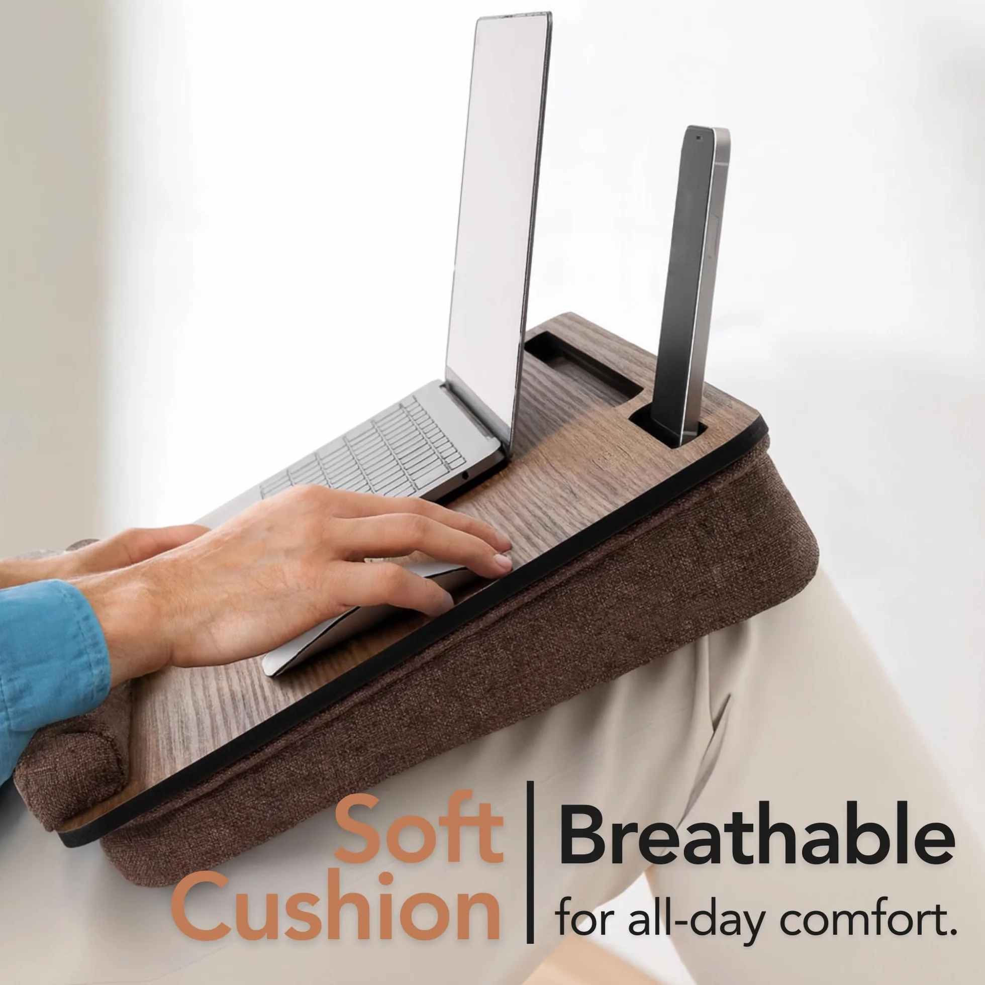 Vigo Wood Drewniane Biurko na Laptopa z Poduszką, do 17,3'', Przenośny Stolik z Uchwytami na Tablet i Telefon (Orzech i brązowy)