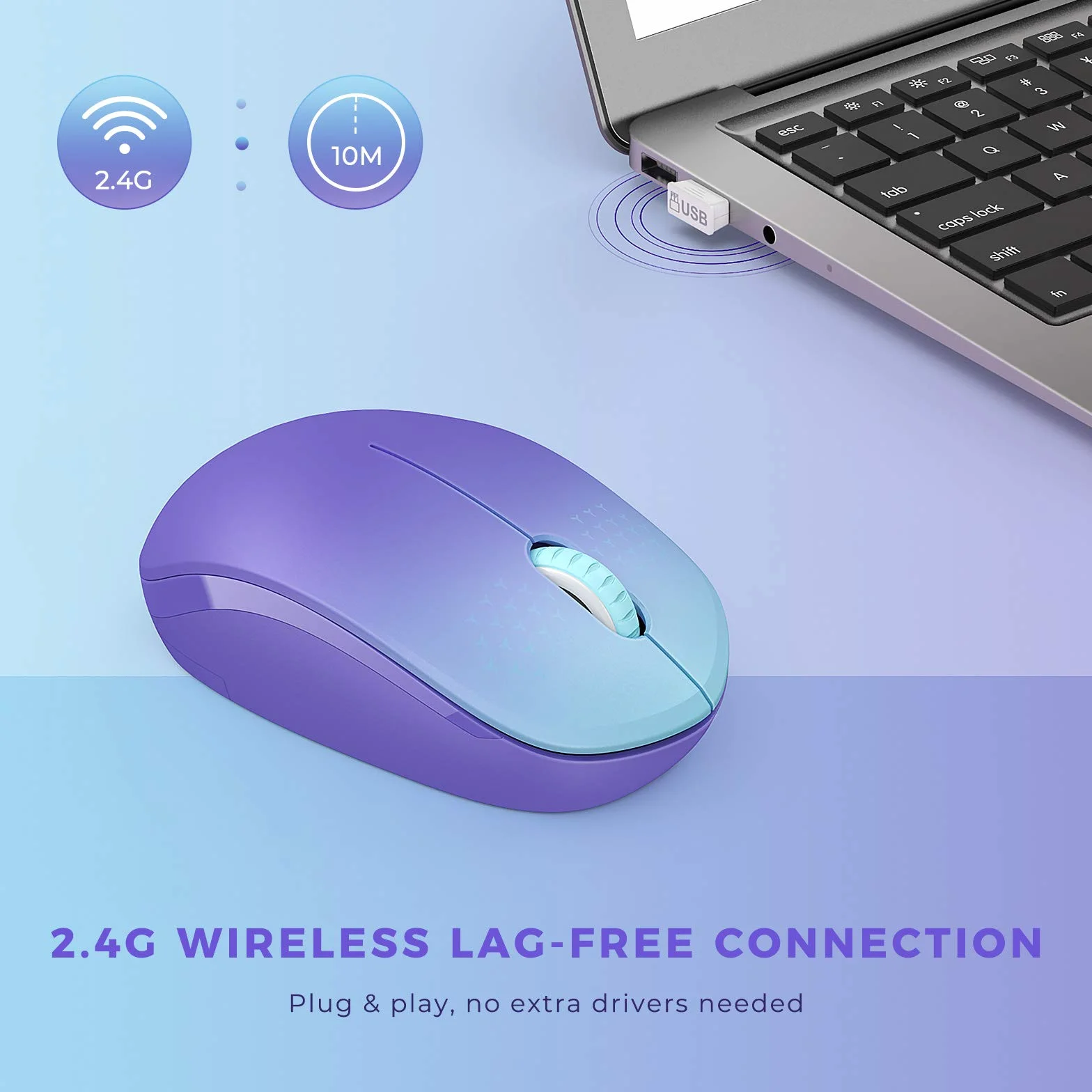 seenda Bezprzewodowa mysz, bezgłośna mysz 2,4 G, z odbiornikiem USB, przenośna mysz komputerowa do komputera, tabletu, laptopa, notebooka, Chromebooka, gradientowa fioletowa