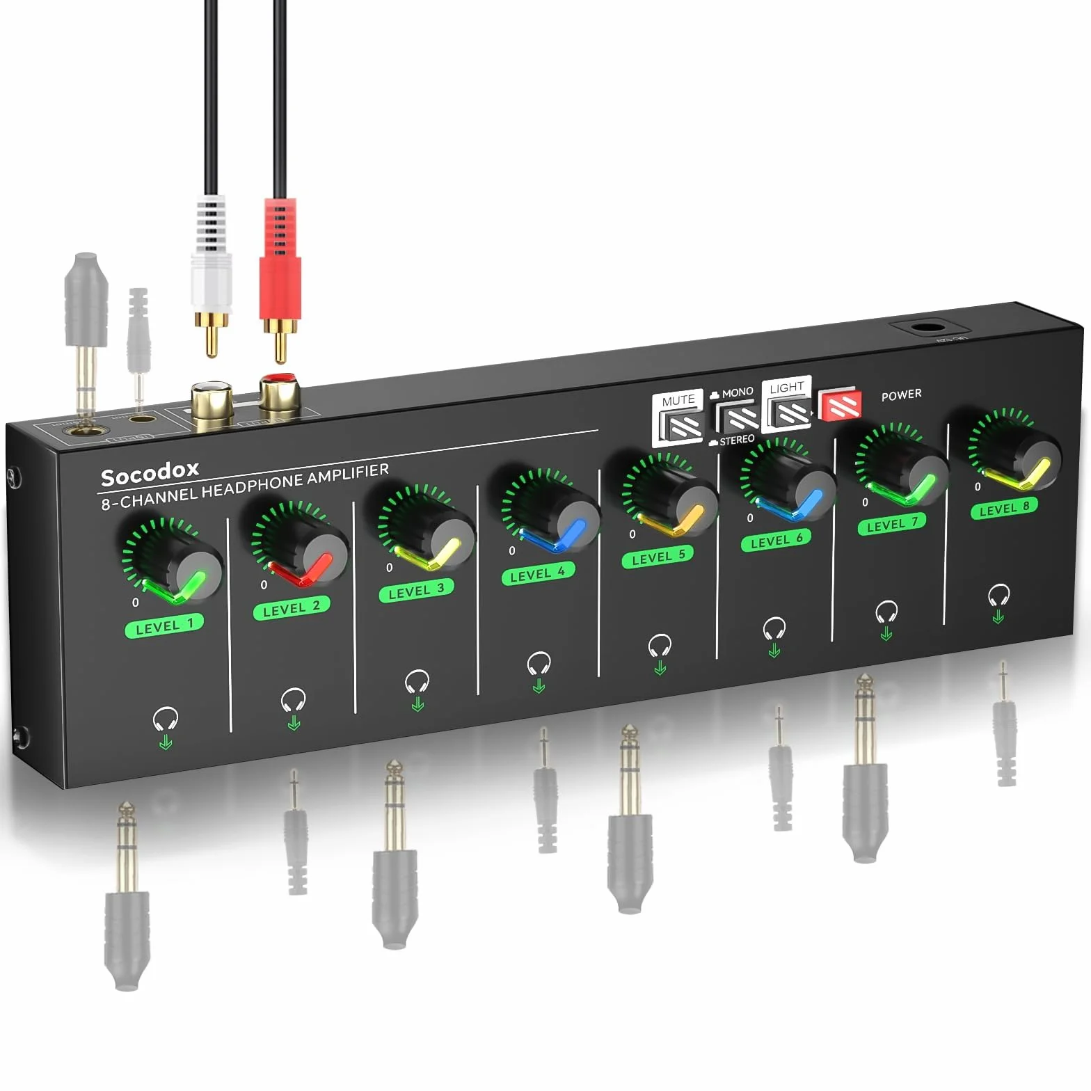 8-kanałowy wzmacniacz słuchawkowy 3,5 mm / 6,35 mm / gniazda RCA, metalowy kompaktowy mikser słuchawkowy z 16 portami wyjściowymi słuchawek, przełącznik stereo, funkcja wyciszenia, światło RGB