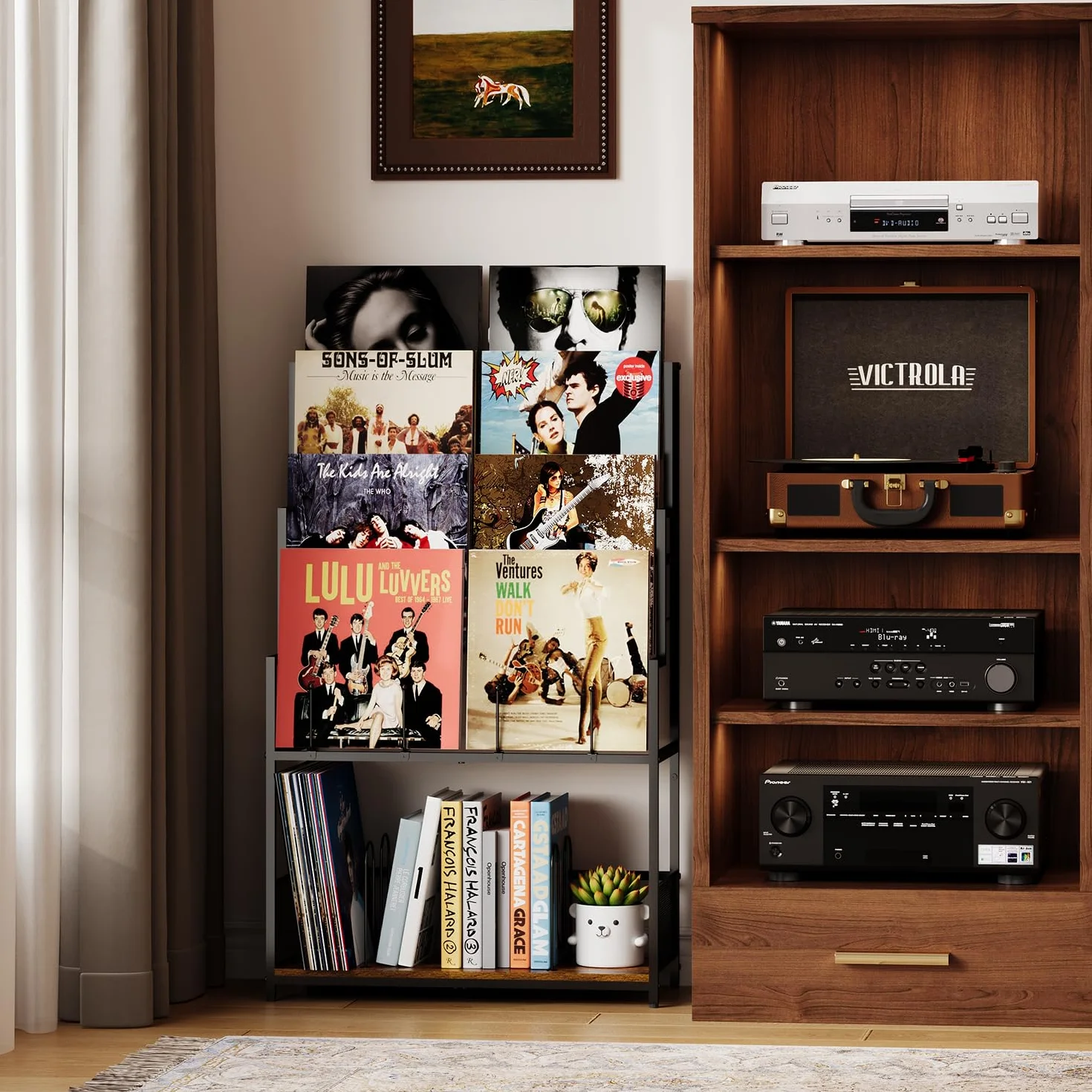 5-poziomowy stojak do przechowywania płyt winylowych z półką na płyty, organizer winylowy, 250-320 albumów, metalowy stojak na płyty LP, CD, DVD, czasopisma, książki