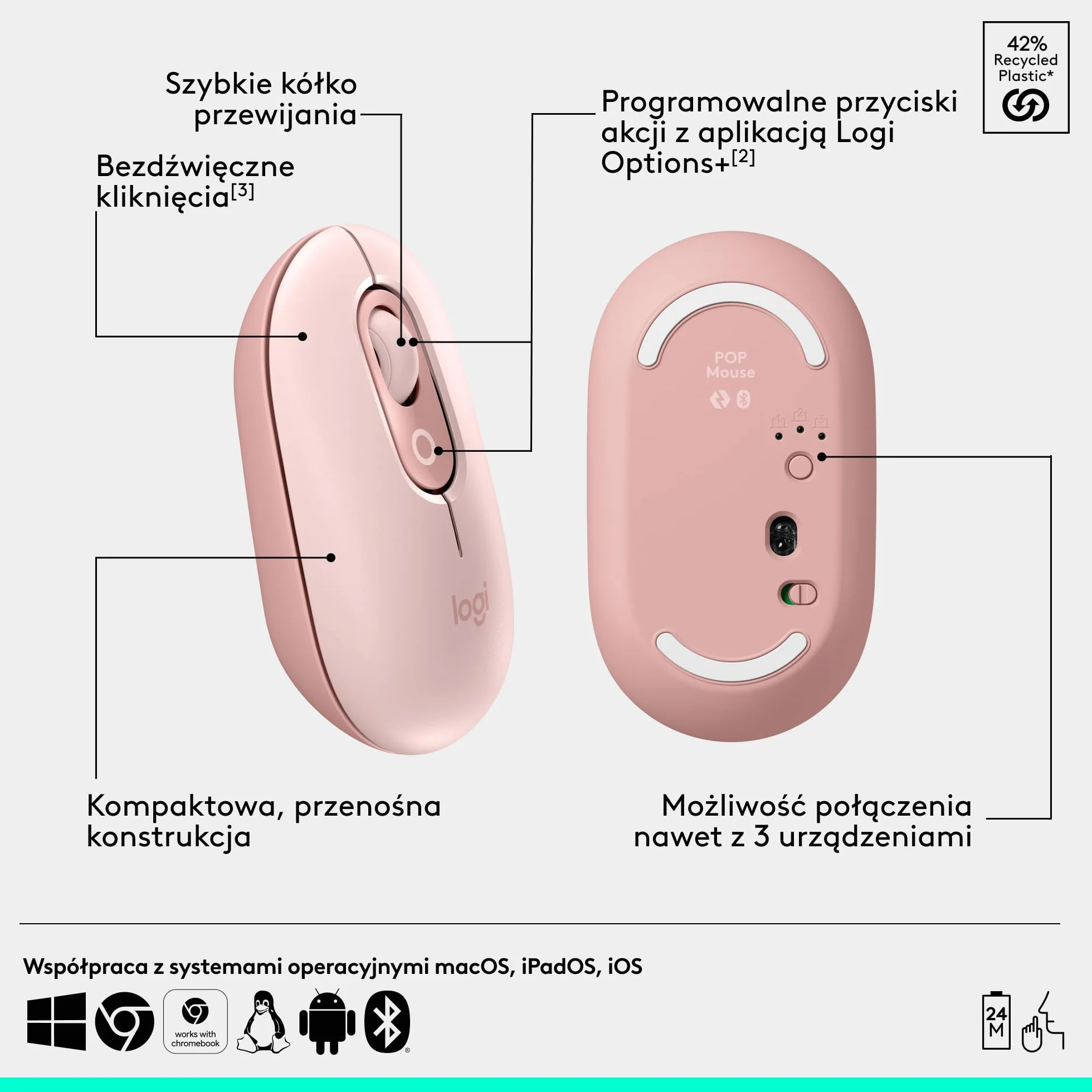 Logitech POP Mouse, przenośna bezprzewodowa mysz Bluetooth | Programowalne przyciski, ciche kliknięcia, Easy-Switch, do laptopa, tabletu i komputera PC — Róża