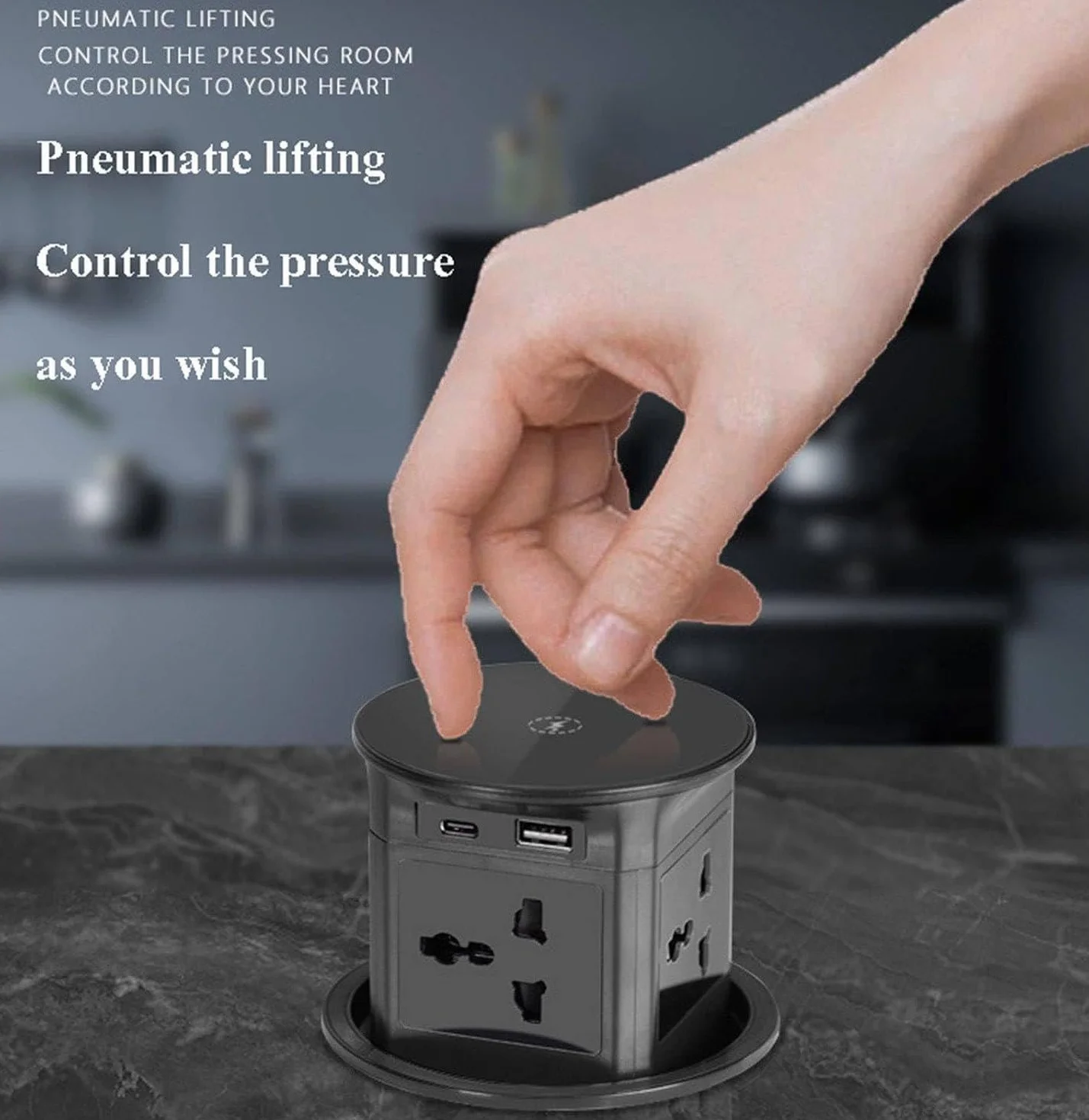 Wyskakujące gniazdko na blat z bezprzewodową ładowarką i portami USB - kuchenny koncentrator zasilania do stołów konferencyjnych, pasuje do otworu 100 mm, biały