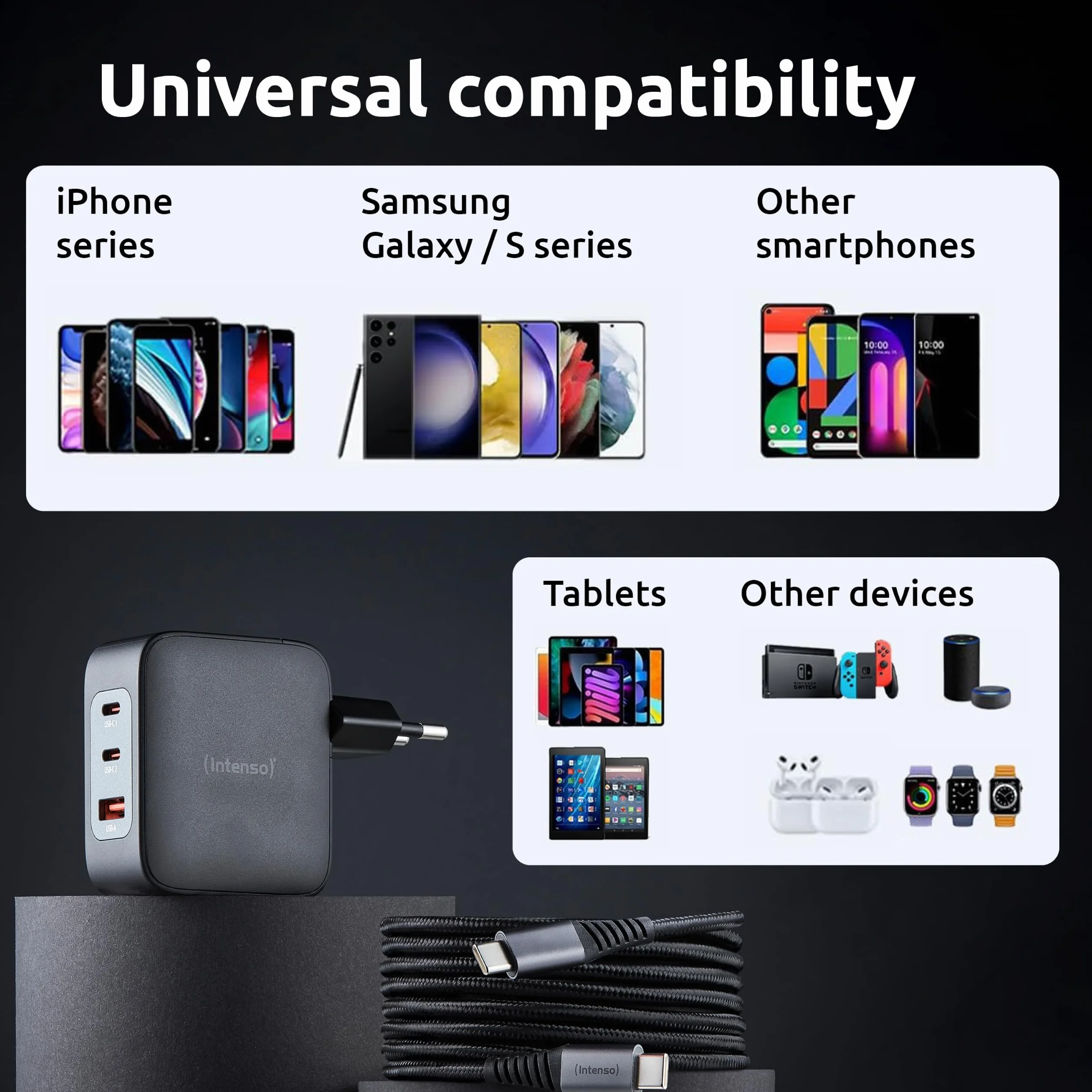 Intenso W100ACC+C520C, zestaw Power Adapter + kabel do ładowania, 100 W, szybkie ładowanie, GaN, 3 urządzenia jednocześnie, do laptopa, MacBooka, iPhone'a, Samsunga i innych, czarny