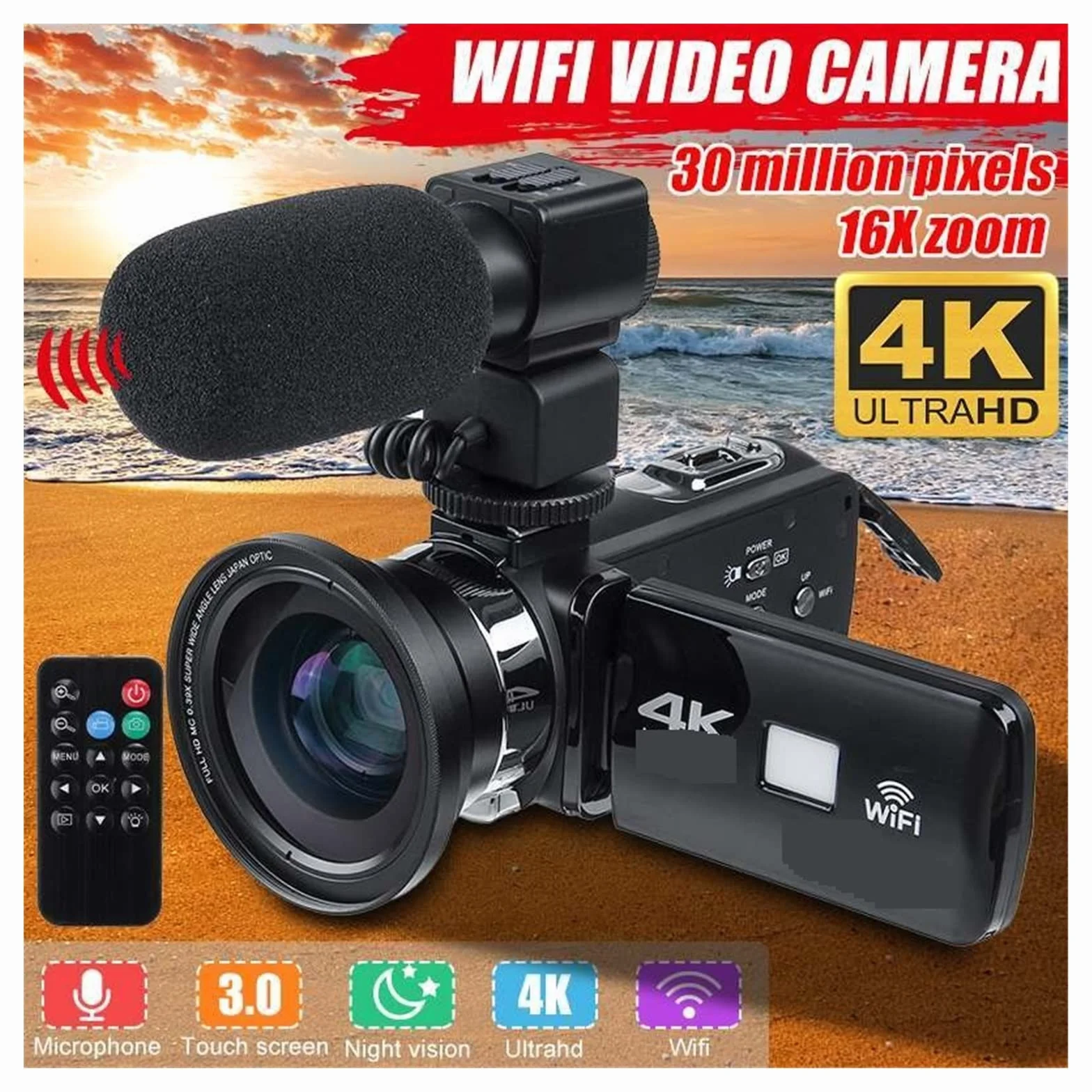 Aparat Cyfrowy, 30MP 4K kamera HD profesjonalna kamera wideo Vlog noktowizor ekran dotykowy 18-krotny zoom cyfrowy aparat z obiektywem mikrofonu(Microphone 2)