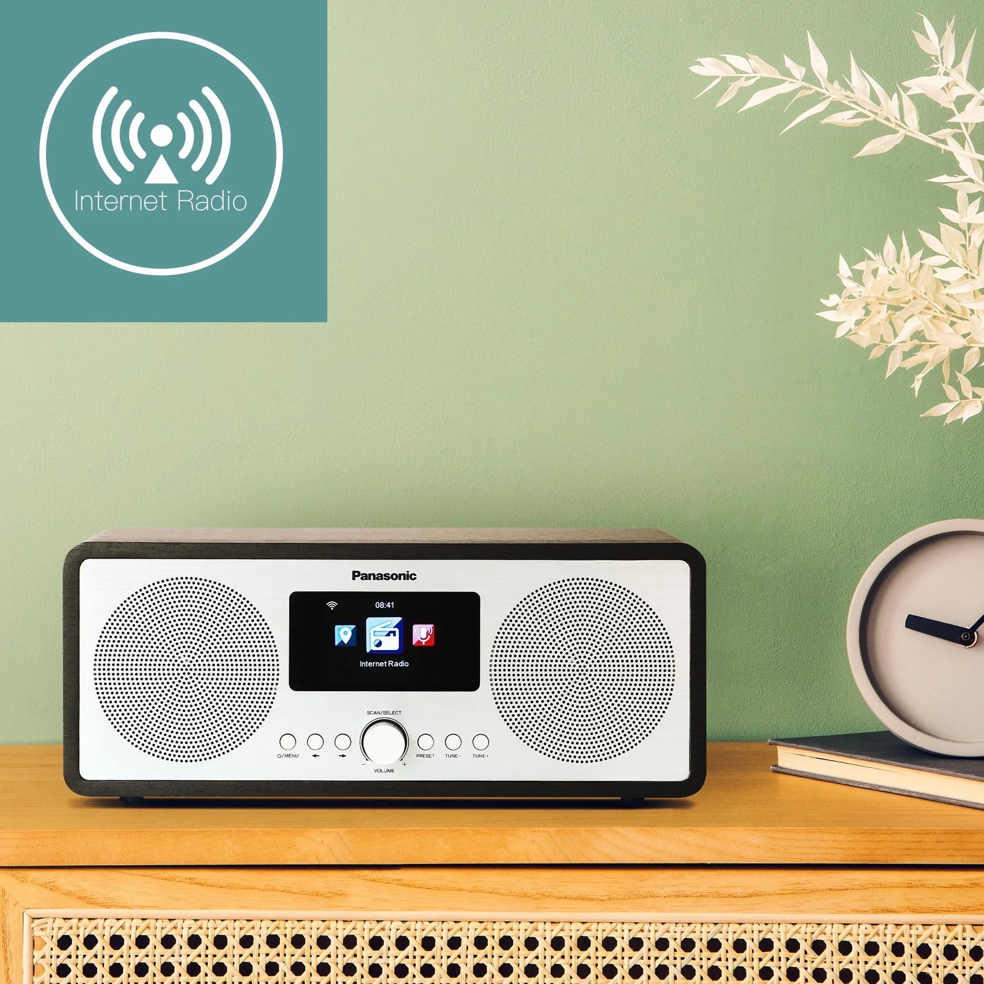 Panasonic RF-D40EGK-K radio internetowe i DAB+/FM z Bluetooth, 6 W, głośnik 7,5 cm, kolorowy wyświetlacz TFT 2,4 cala, budzik i timer zasypiania, pilot zdalnego sterowania, USB, Wi-Fi, czarny