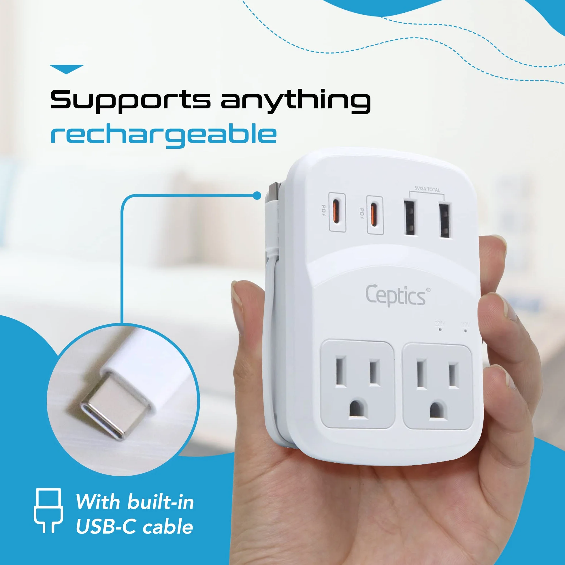 Ceptics World Travel Adapter Kit 2 USB-A, USB-C US Outlets, 20W/QC 18W Power Delivery, Surge Protection, SWADAPT Compatible for Europe, UK, China, Australia, Japan Perfect Laptop (WPS-5B)