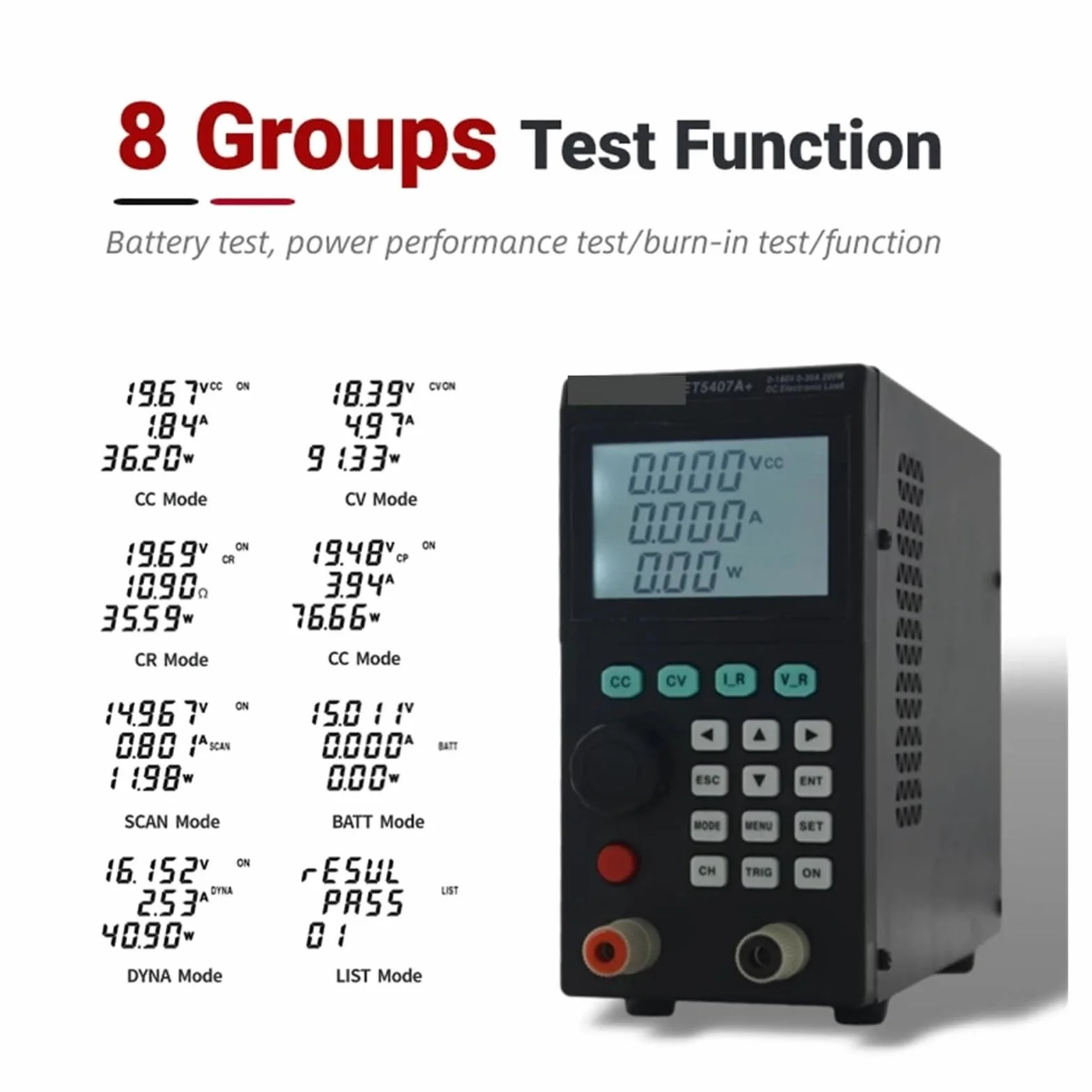 ET5406A+/ET5407A+ 200 W 120 V 180 V 20 A 30 A, programowalny elektroniczny tester obciążenia DC 1 mV/1 mA Tester baterii do CC/CV Pomiar rezystancji(ET5406A plus)